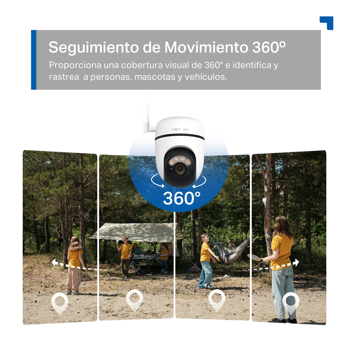 A white 360 camera monitors a campsite with children.