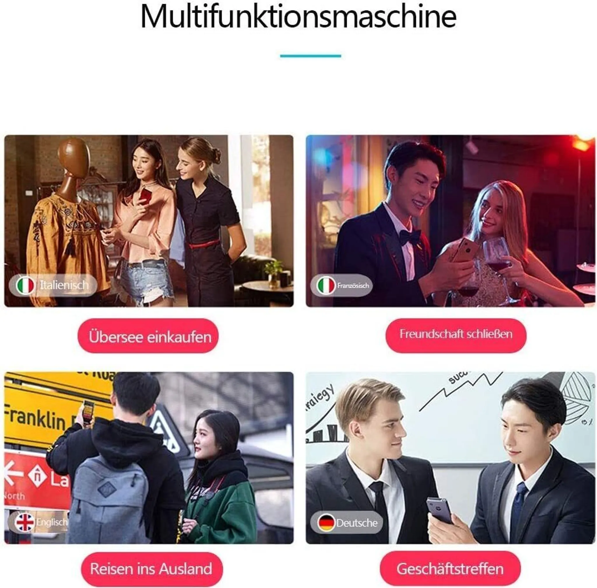 Vier Szenen: Einkaufen, Freunde, Reisen, Geschäftstreffen.