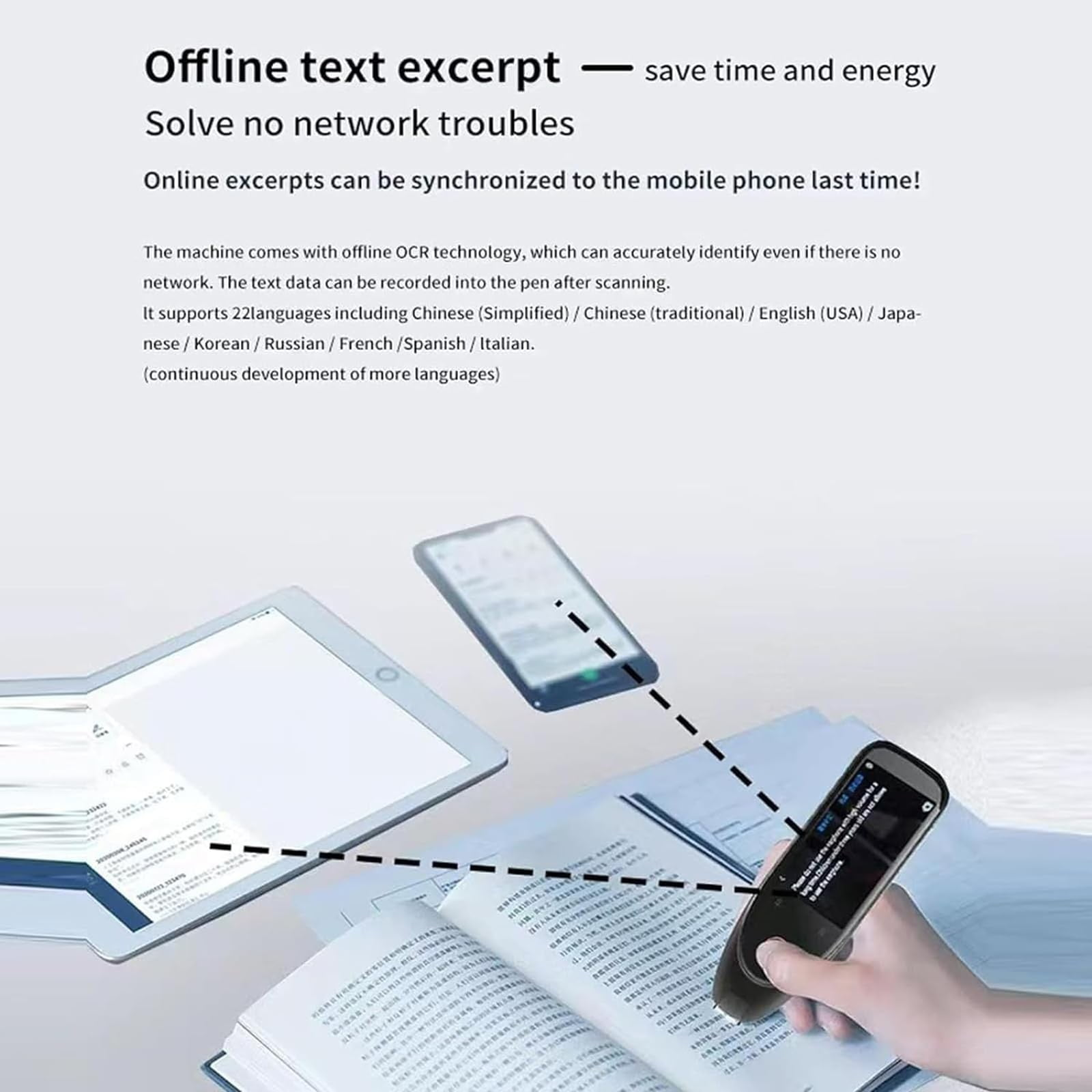 Ein Scanner-Stift scannt ein Buch, das mit einem Tablet und einem Smartphone verbunden ist.