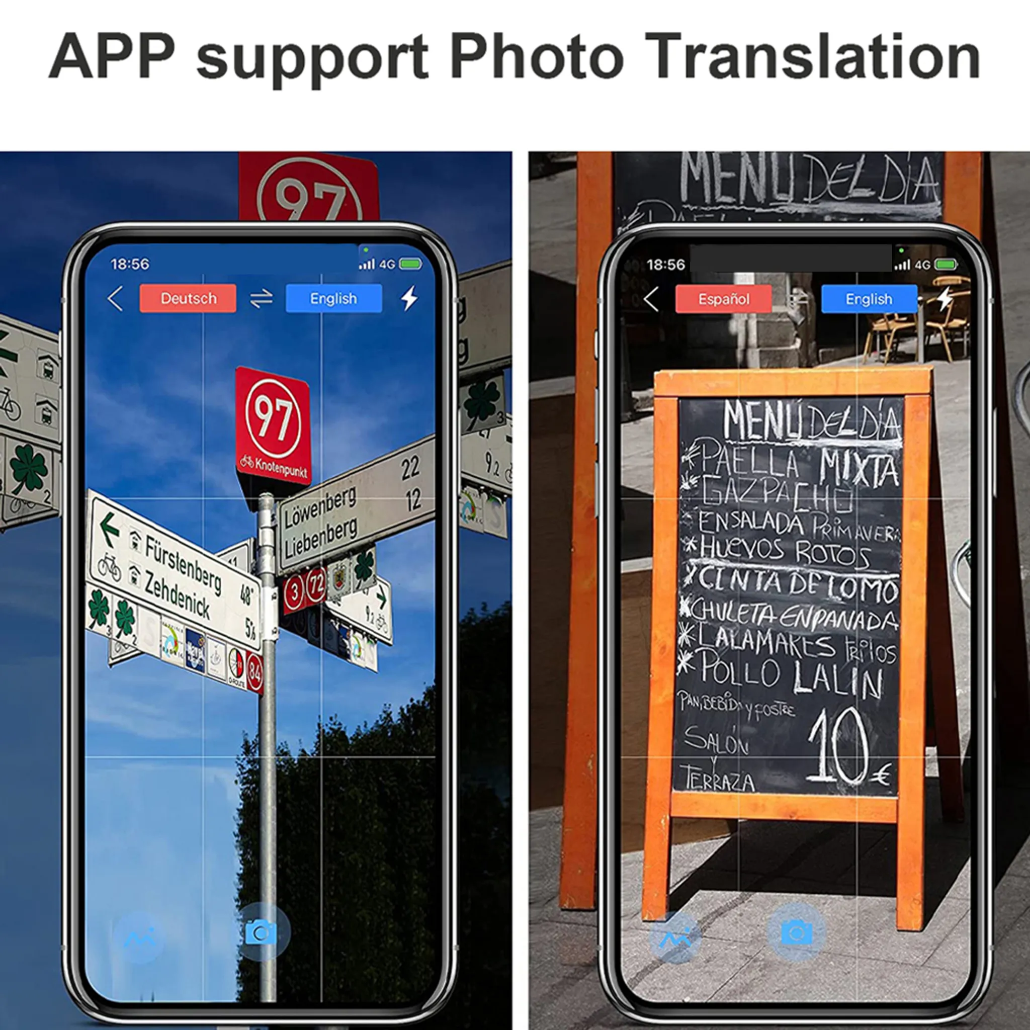 Zwei Smartphone-Bildschirme zeigen eine Übersetzungs-App. Links Schilder, rechts eine Speisekarte.