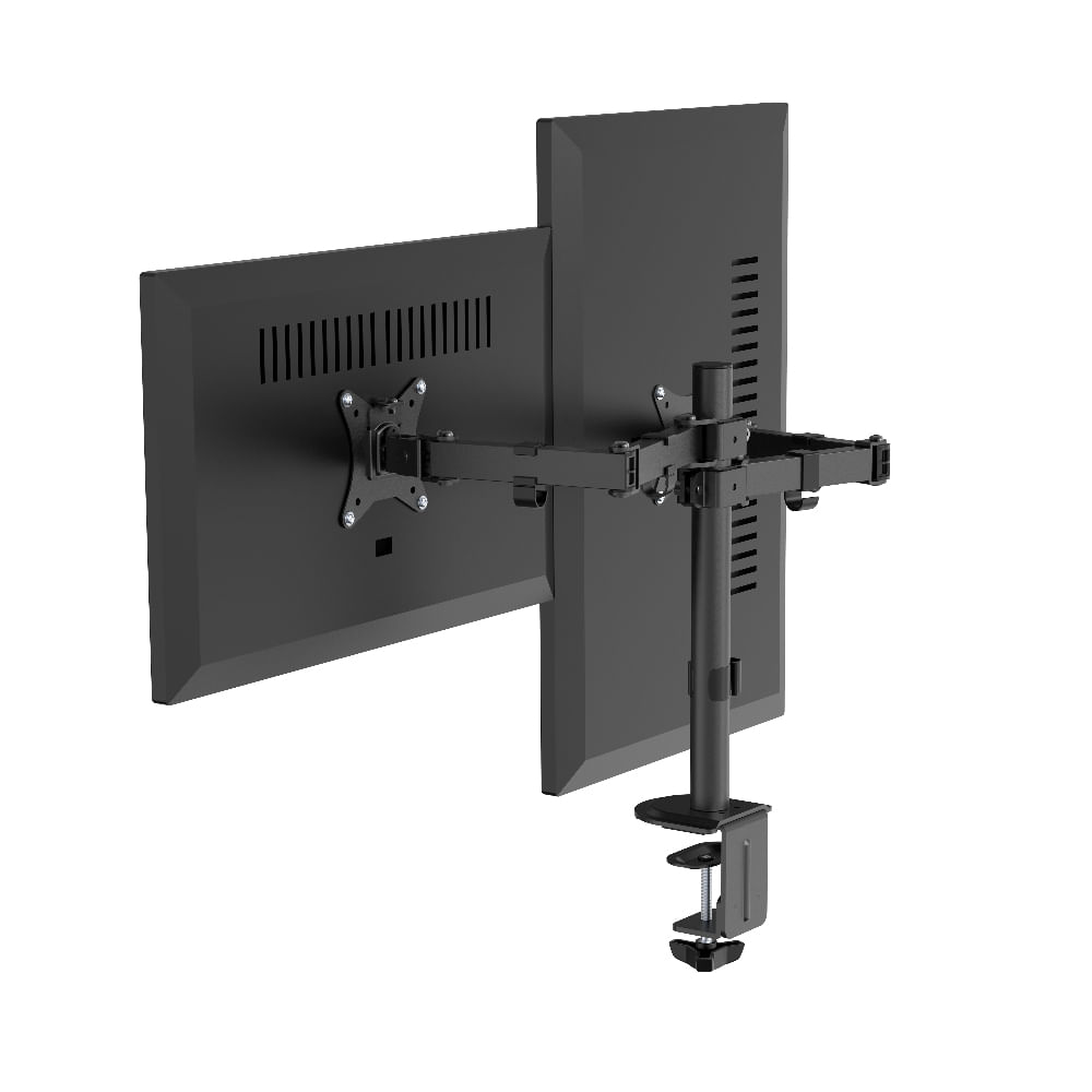 A black dual monitor arm holding two monitors attached to a desk.