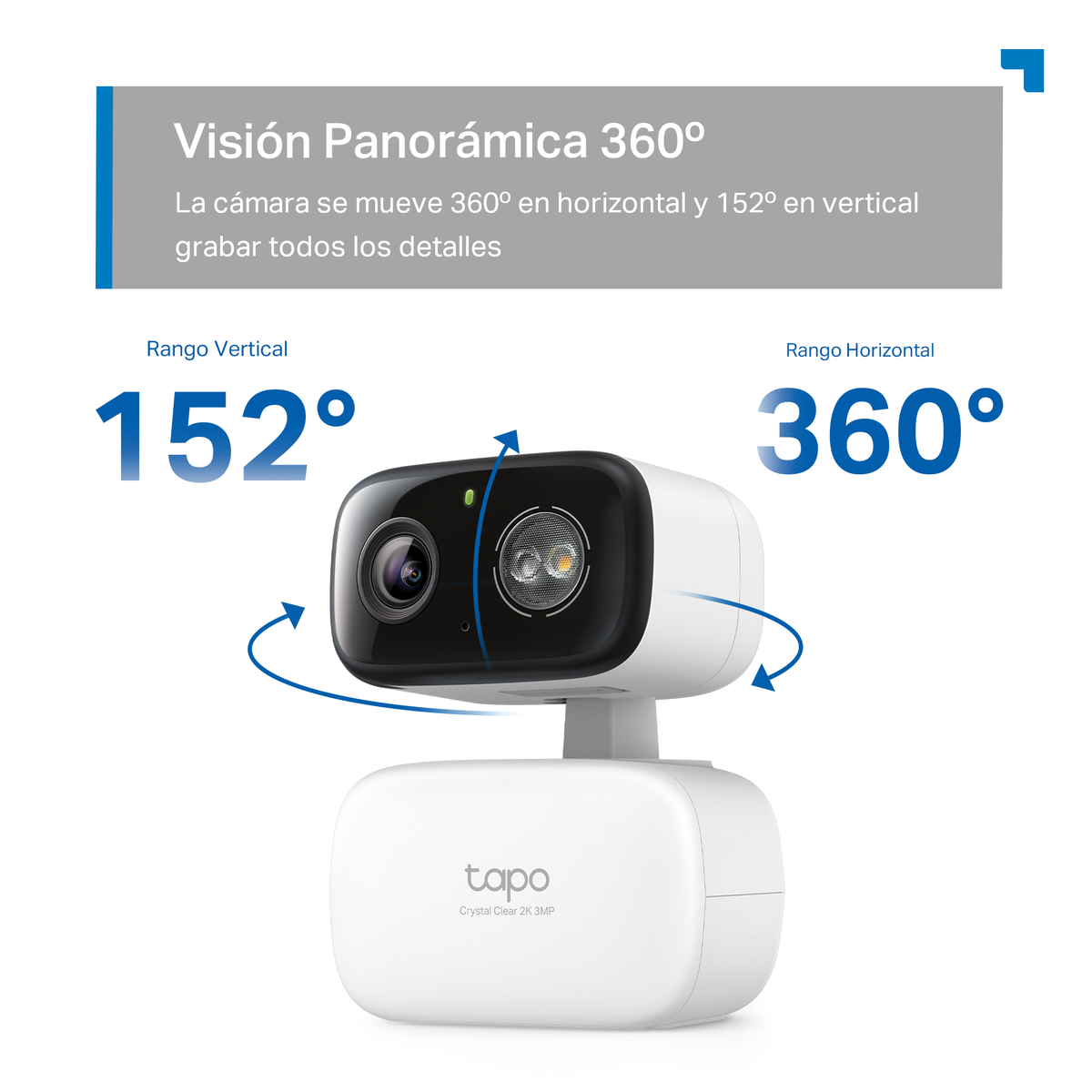 Eine weiße Tapo-Überwachungskamera mit 360° horizontaler und 152° vertikaler Reichweite.