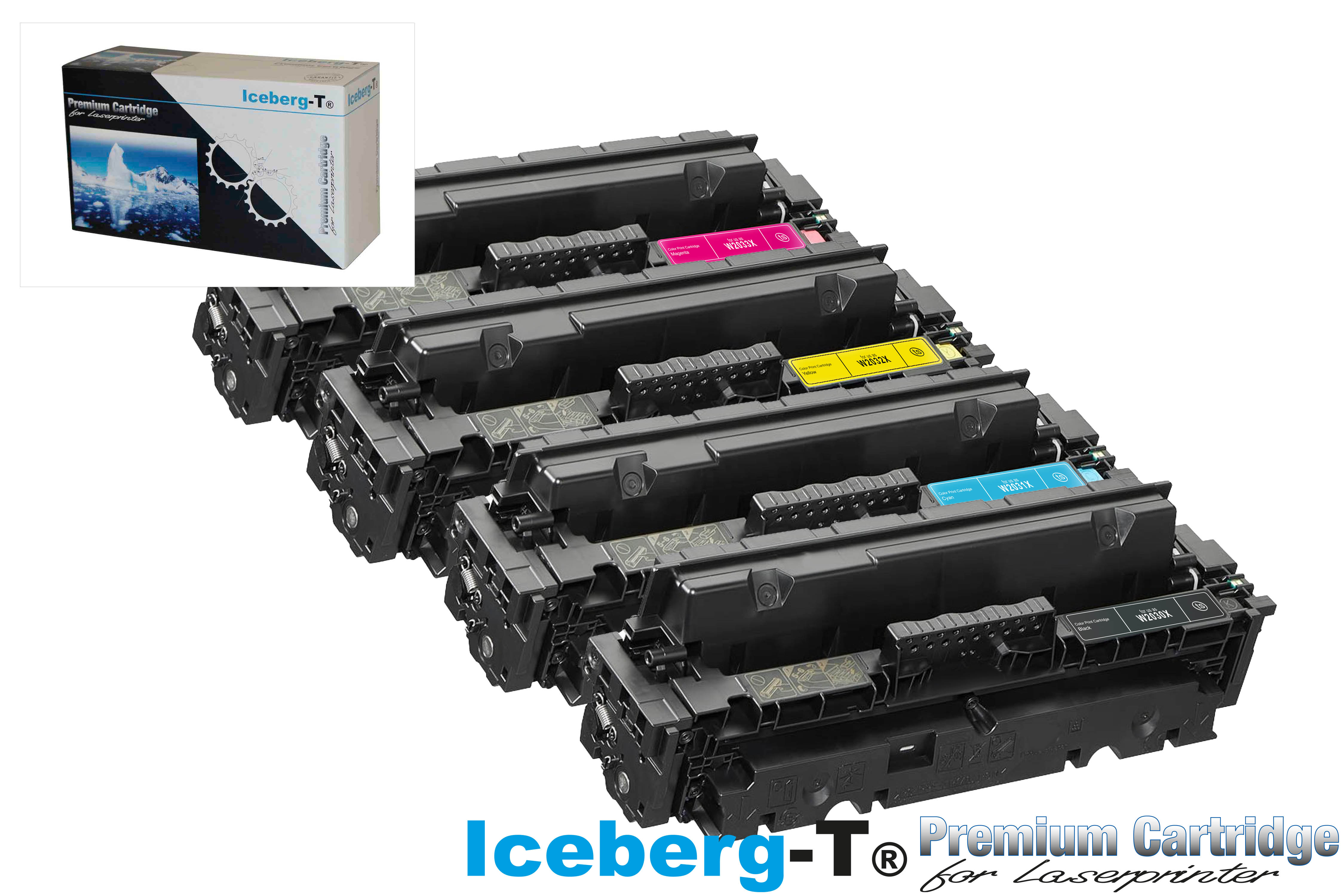 Mehrere schwarze Tonerkartuschen für Laserdrucker, einschließlich Magenta, Gelb, Cyan und Schwarz.