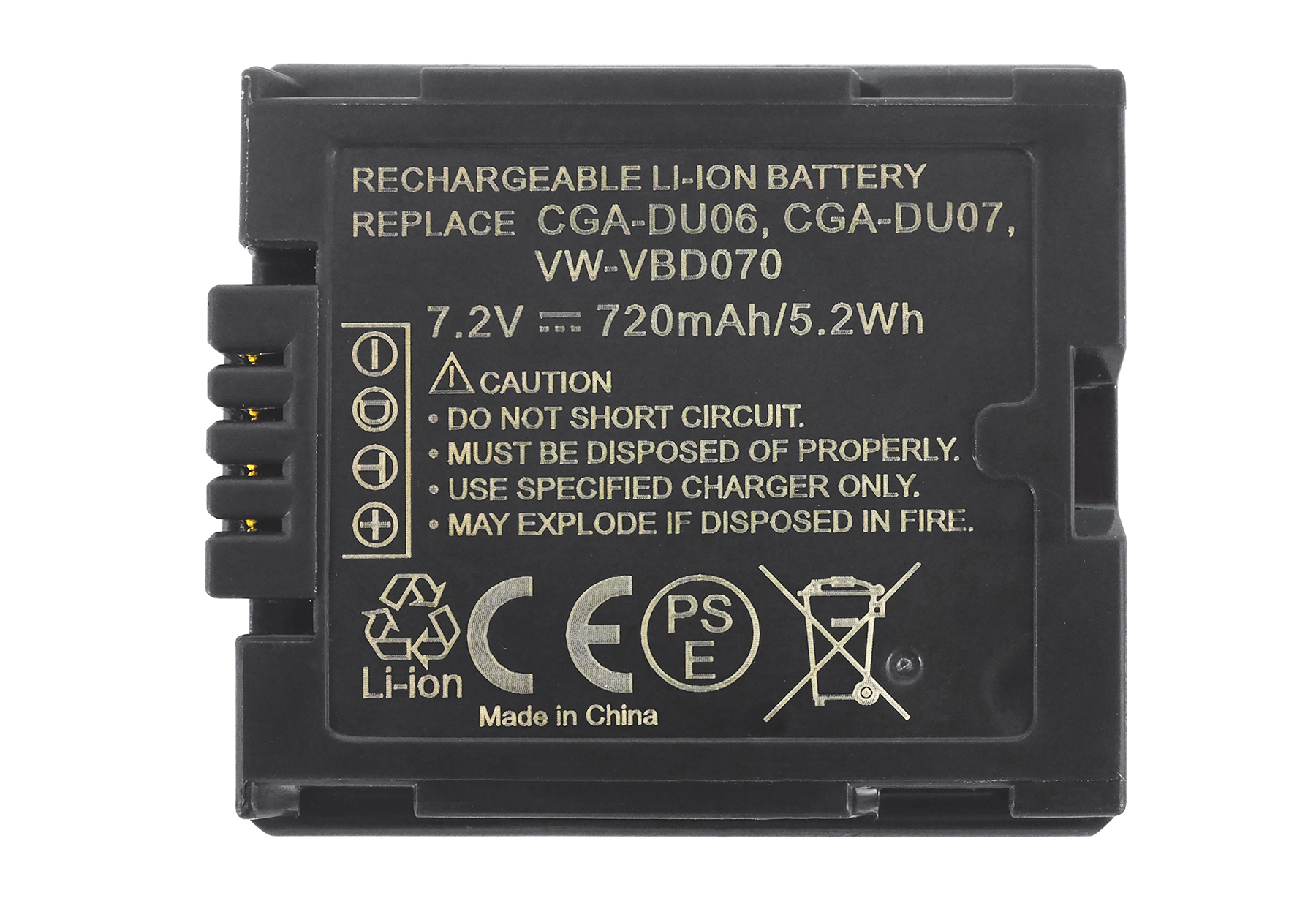 Schwarzer Li-Ion Akku mit Daten: 7,2V, 720mAh, 5,2Wh. Vorsichtshinweise.