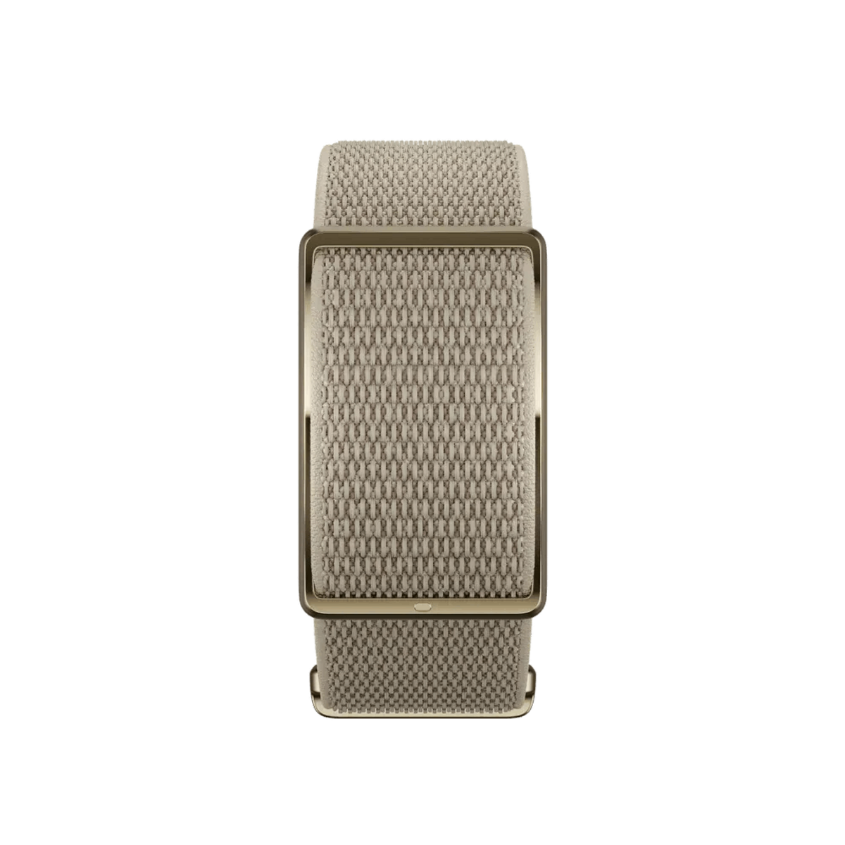 Una correa tejida marrón claro con marco dorado, para un smartwatch.
