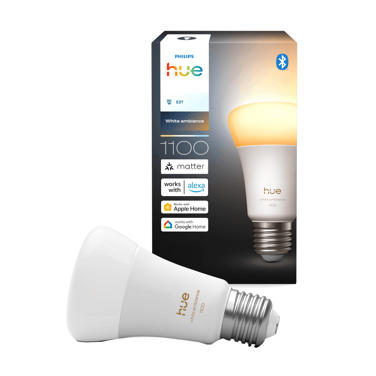 Lampadina LED smart Philips Hue, E27, 1100lm, atmosfera bianca, Matter, Alexa, Apple Home, Google Home.