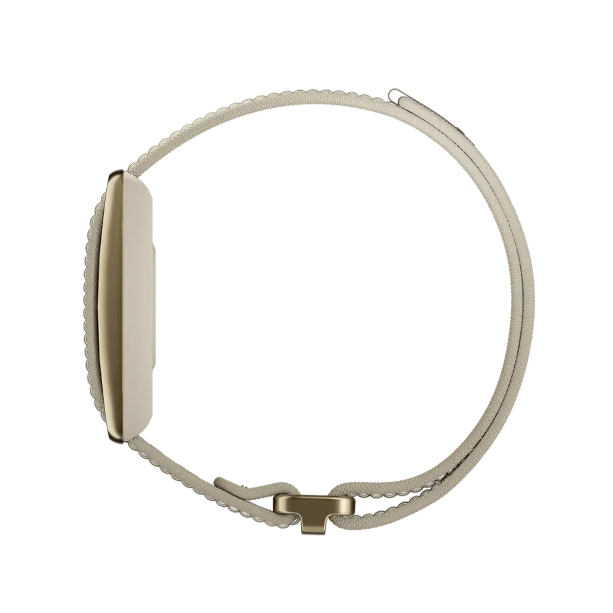 Una caja de smartwatch dorada con correa beige claro sobre fondo negro.