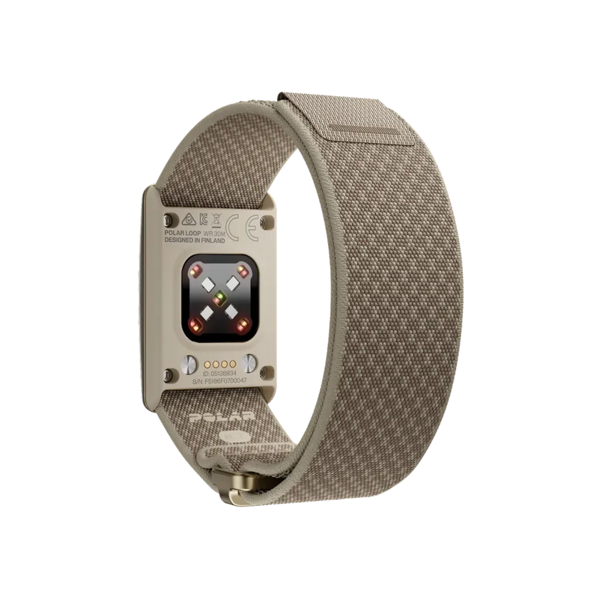 Un rastreador de actividad Polar Loop beige con banda de tela y contactos de carga.