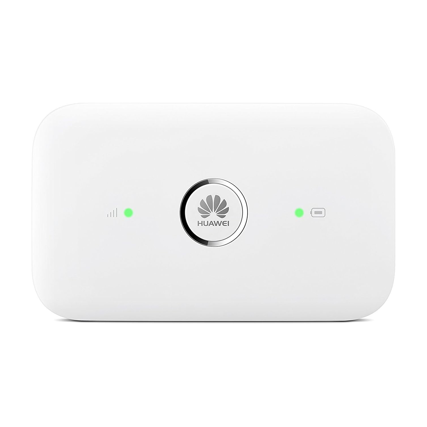 Un router Wi-Fi mobile Huawei bianco con luci verdi accese.