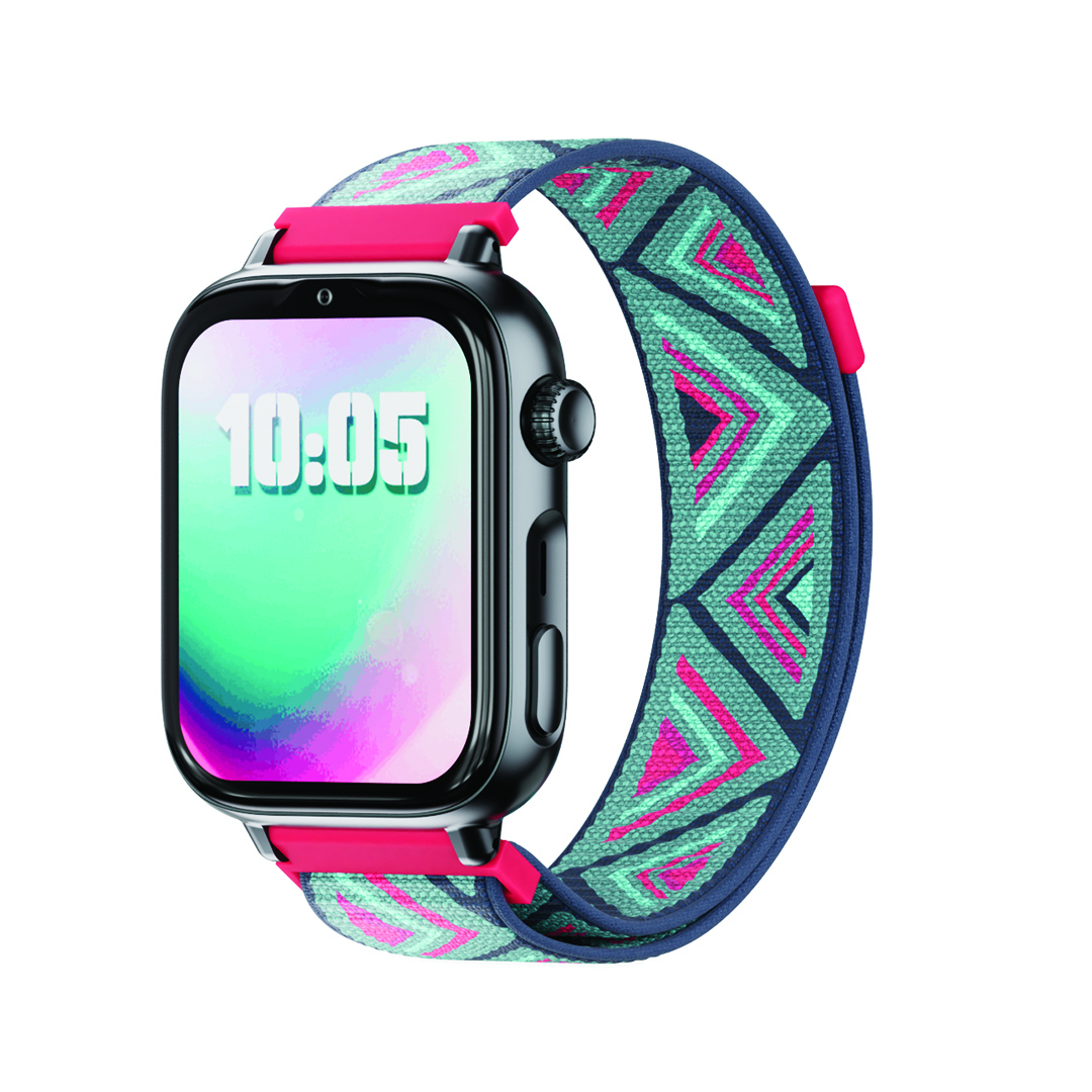 Smartwatch z turkusową opaską ze wzorem zygzak i różowymi akcentami.