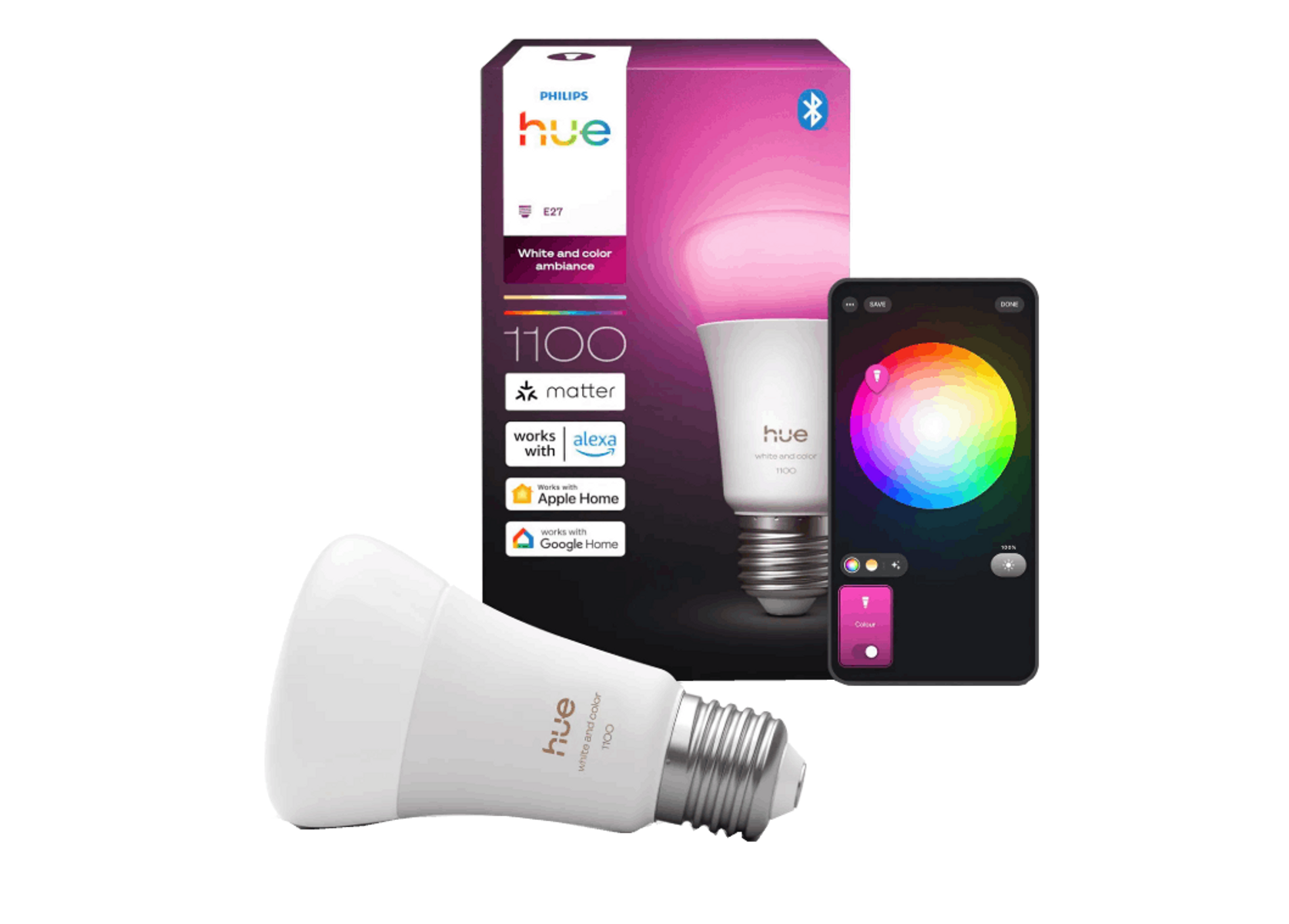 Lampadina Philips Hue con app per smartphone che mostra ruota colori e impostazioni.