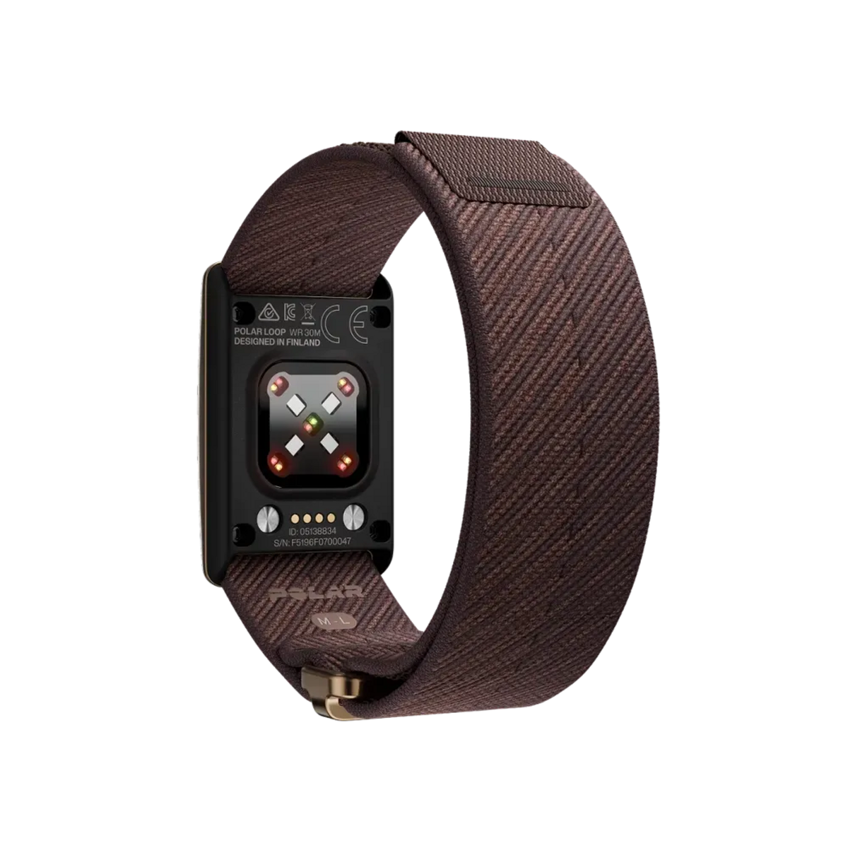 Pulsera de tela marrón con parte trasera negra Polar Loop para monitor de ritmo.