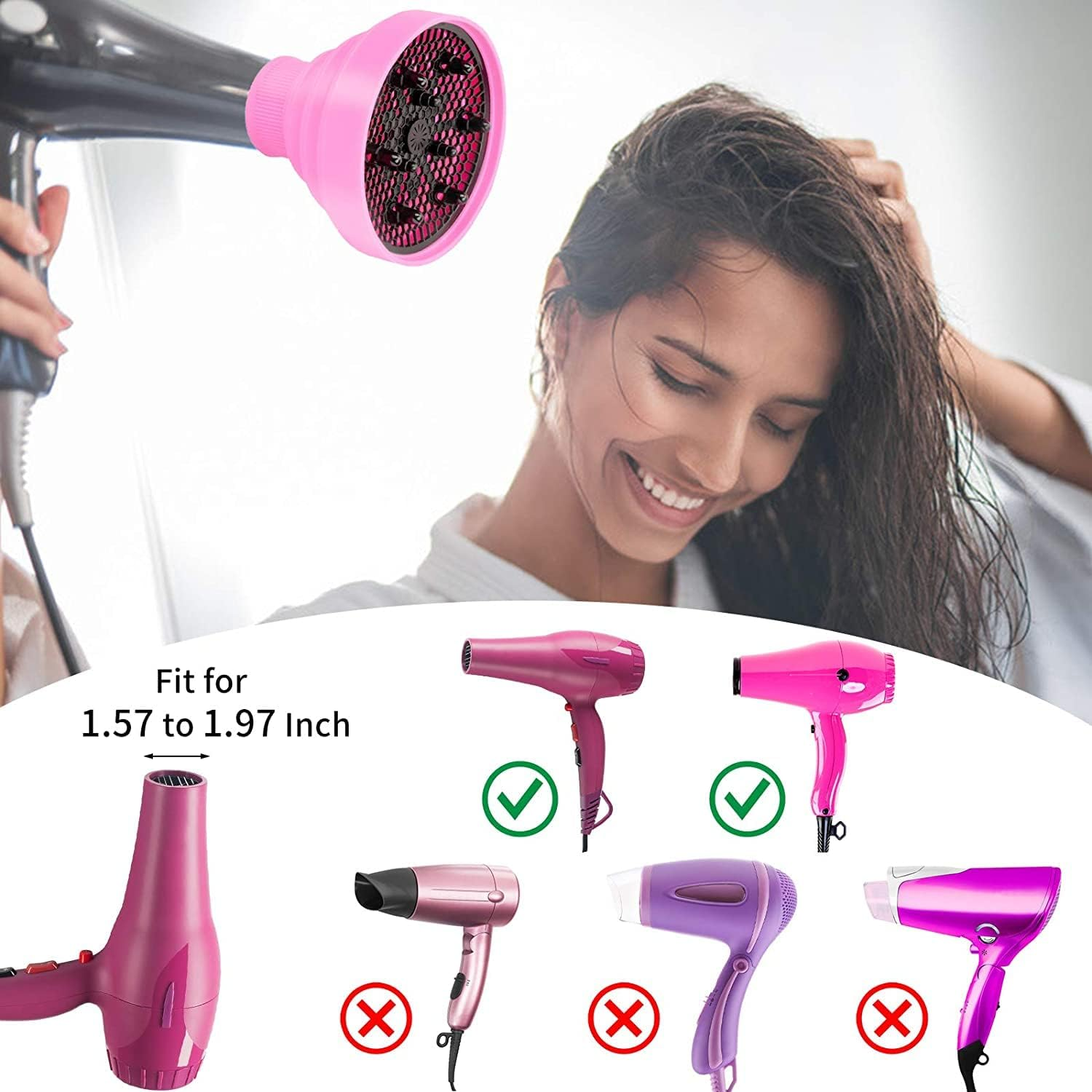 Pinker Diffusor-Aufsatz für Haartrockner, passt auf 1,57-1,97 Zoll.