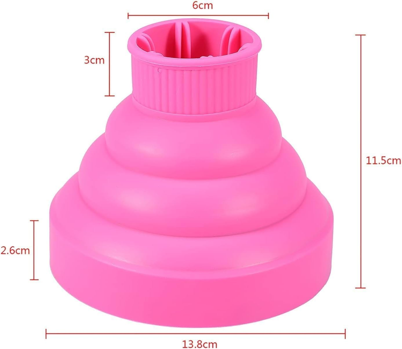 Ein pinker Diffusoraufsatz für Haartrockner mit gestufter Form und Messungen.