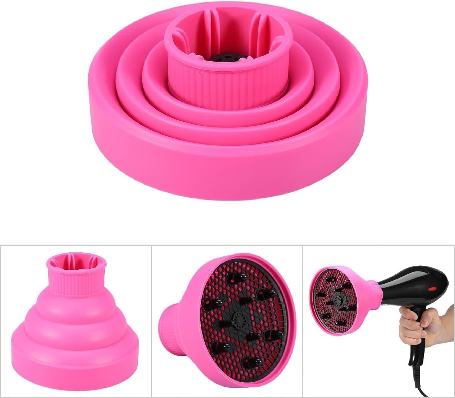 Ein rosa Diffusoraufsatz für einen Haartrockner, der an einem schwarzen Haartrockner befestigt ist.