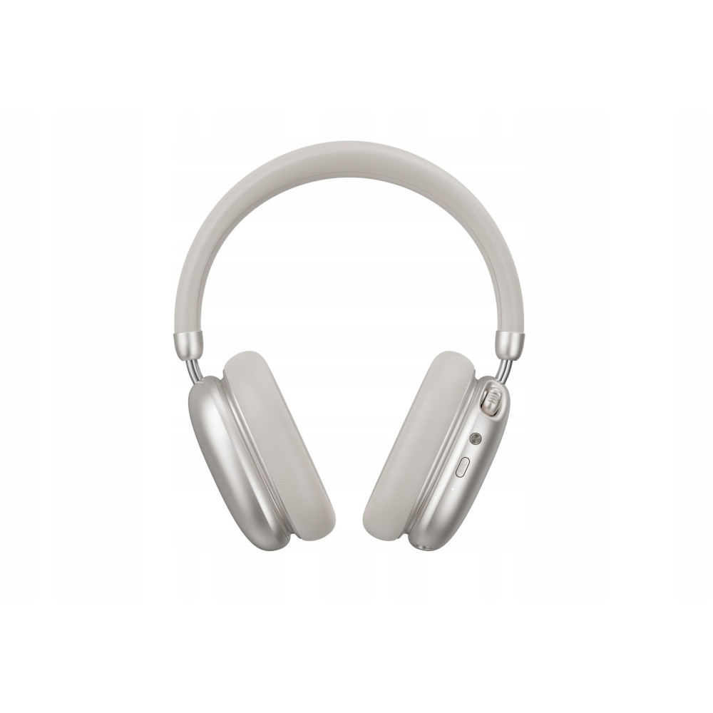 Srebrne słuchawki z białym pałąkiem i nausznikami.