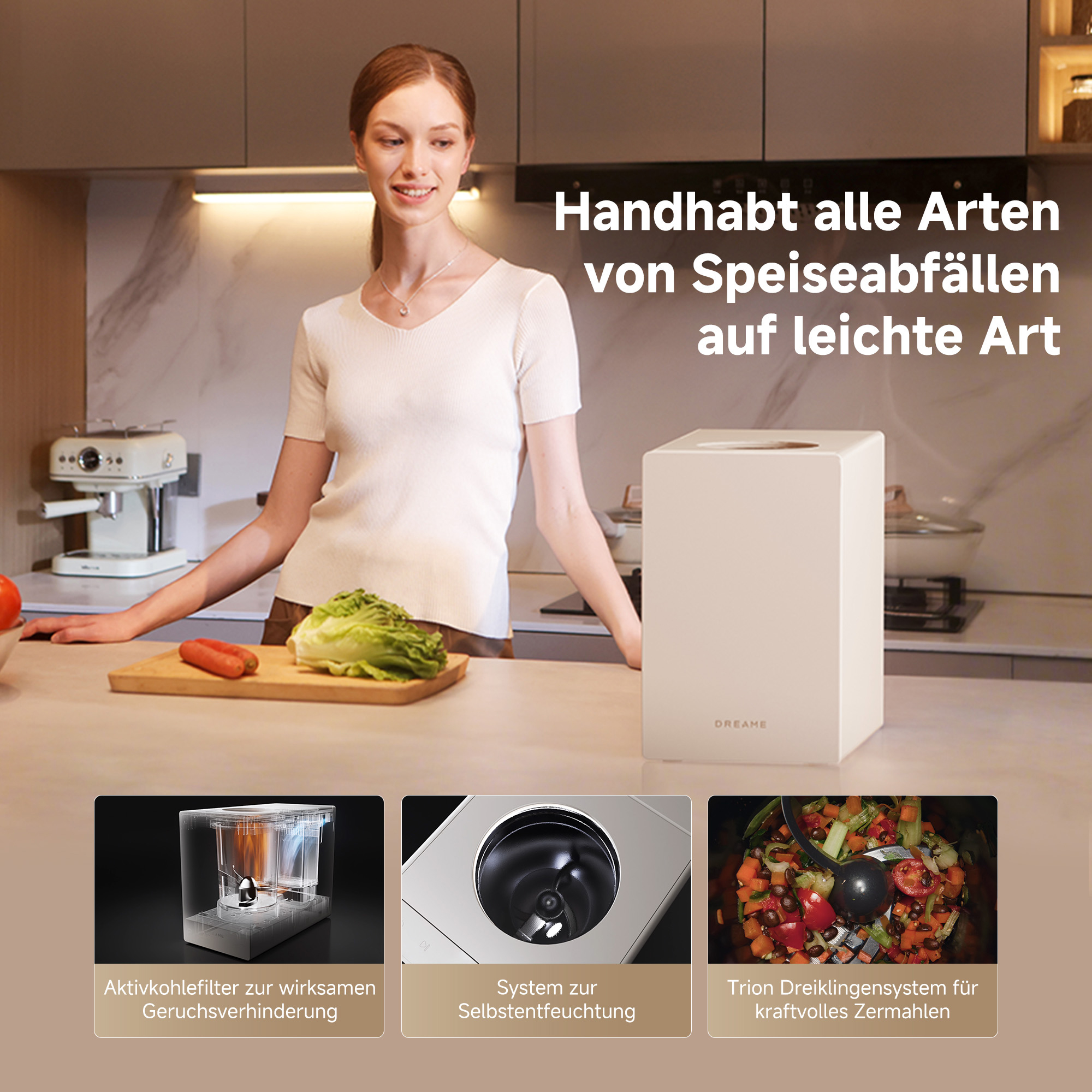 Frau in Küche mit Küchengerät und Lebensmitteln. Text: Handhabt alle Arten von Speiseabfällen.