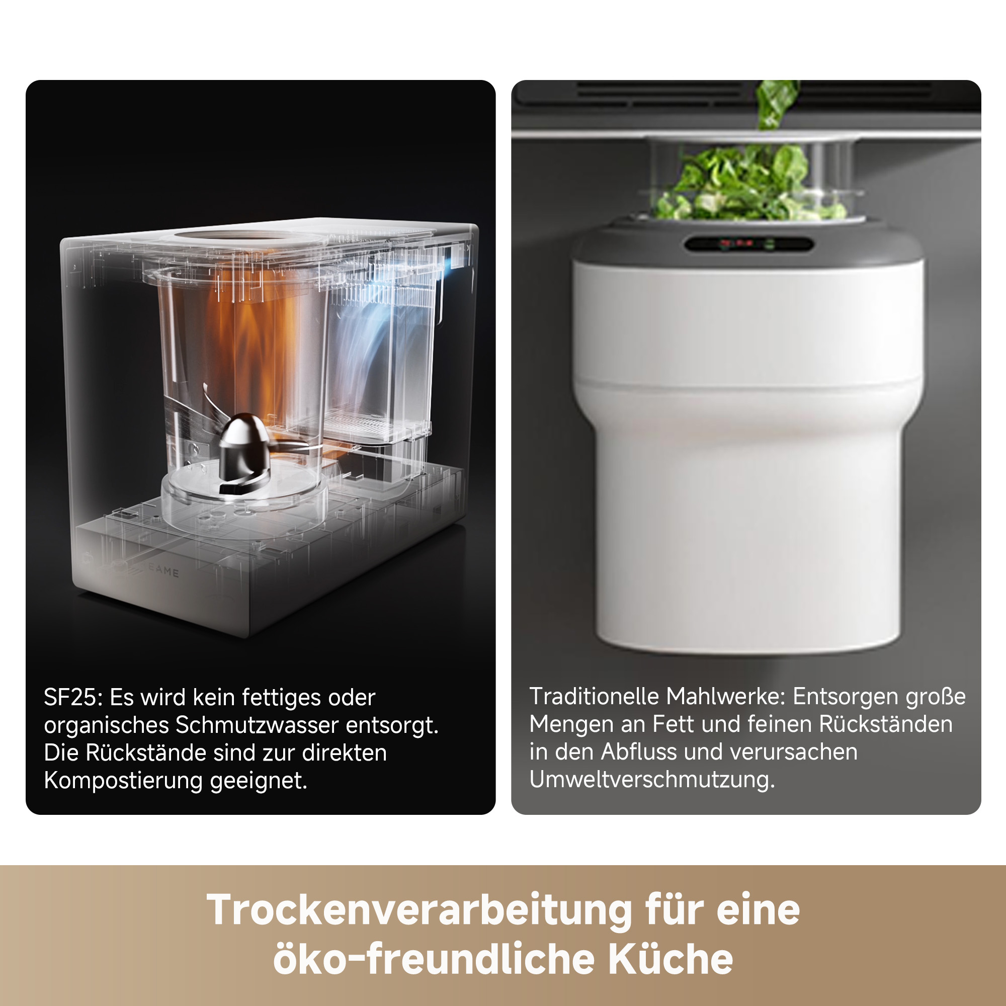 Zwei Geräte: Kompostierer mit transparentem Behälter und weißer Behälter mit Grünzeug.