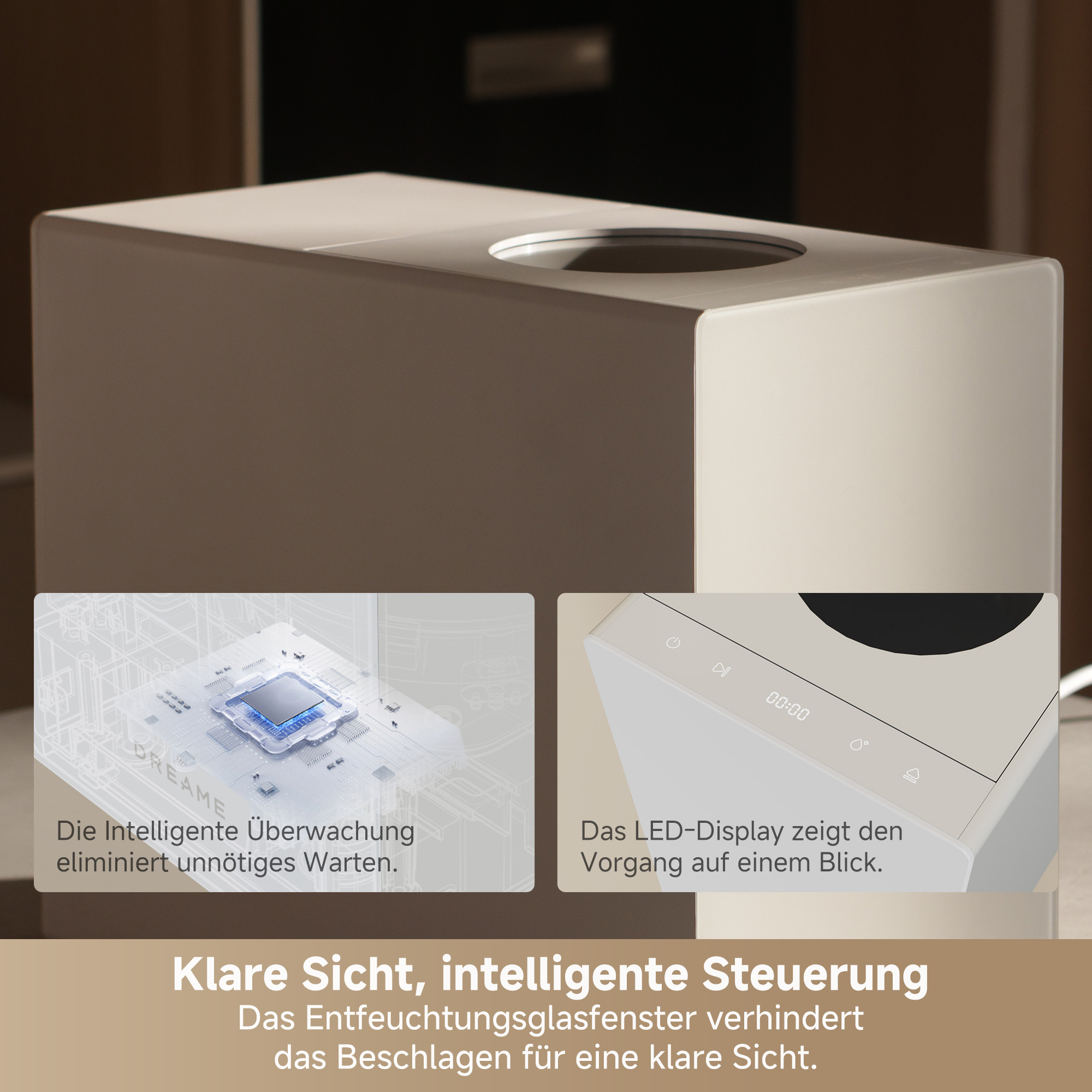 Ein weißer Luftentfeuchter mit Einblendungen von Chip und LED-Display.