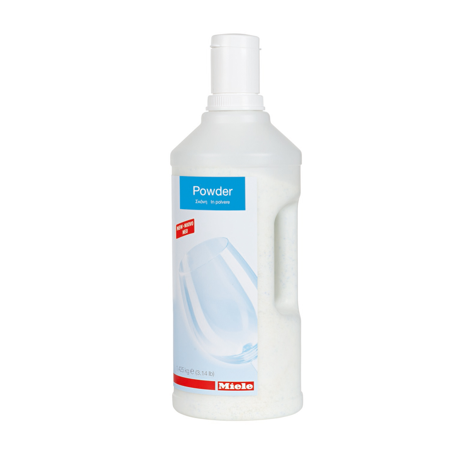 Detersivo in polvere per lavastoviglie Miele in flacone bianco con etichetta blu 'Powder'.