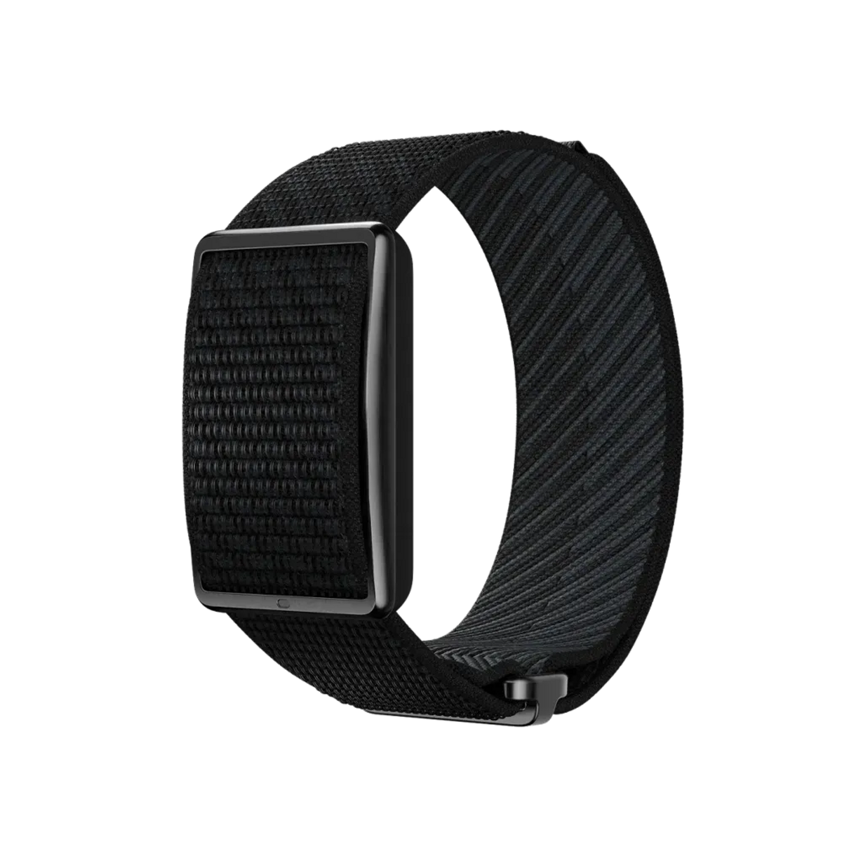 Pulsera inteligente negra con correa de tela y carcasa rectangular sobre fondo negro.