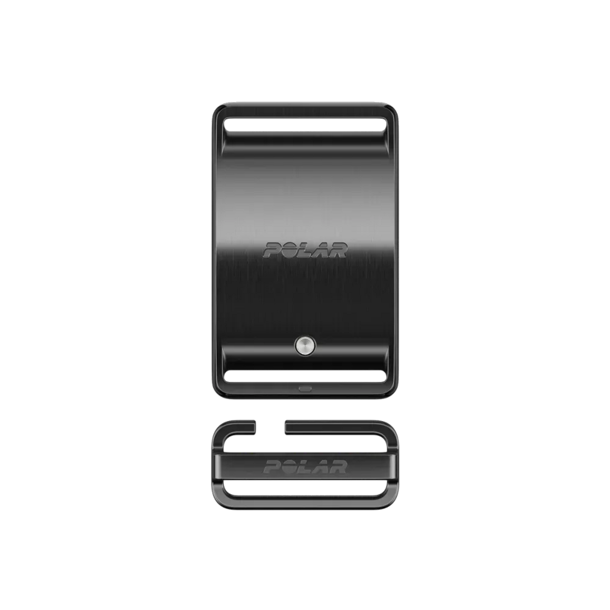 Una hebilla negra Polar para reloj con dos partes sobre fondo negro.