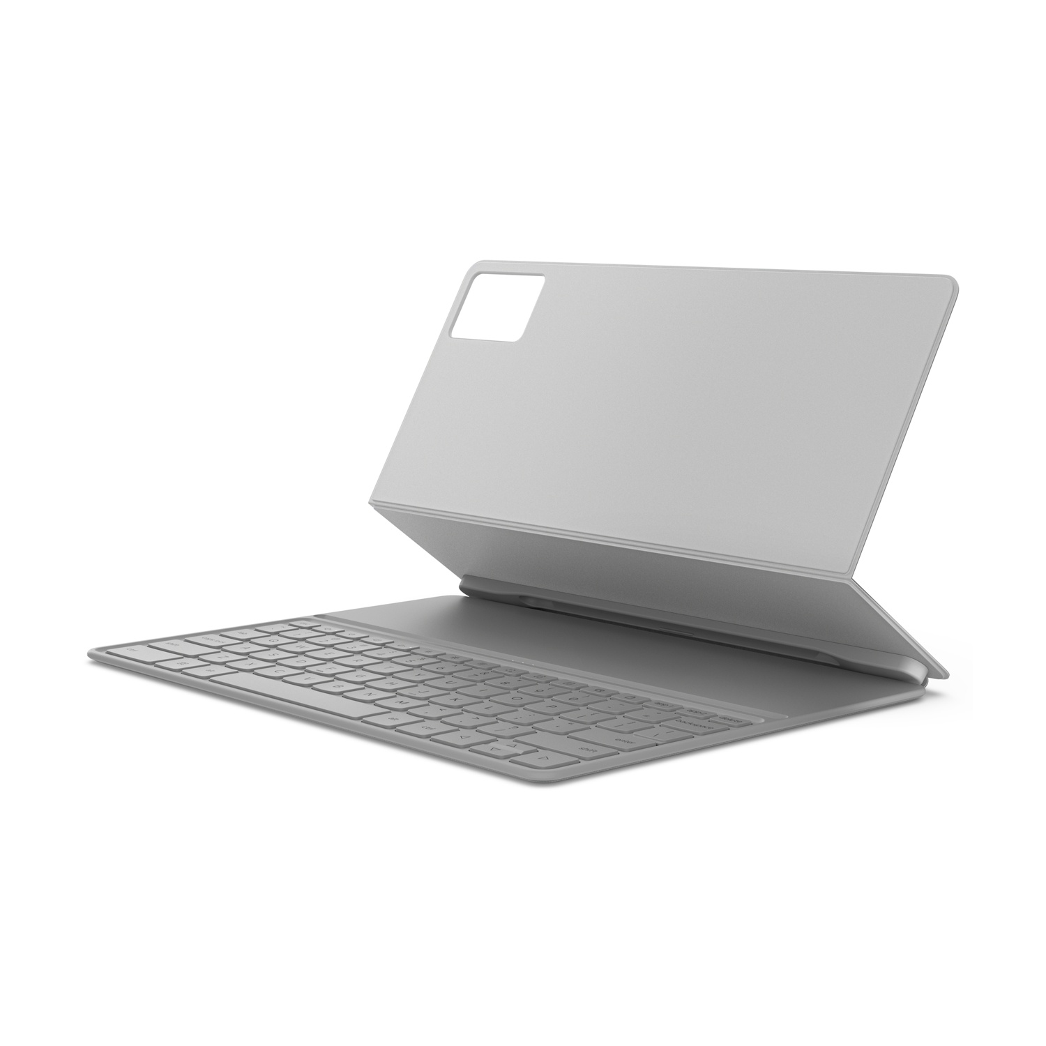 Un tablet grigio con custodia tastiera allegata, su sfondo bianco.