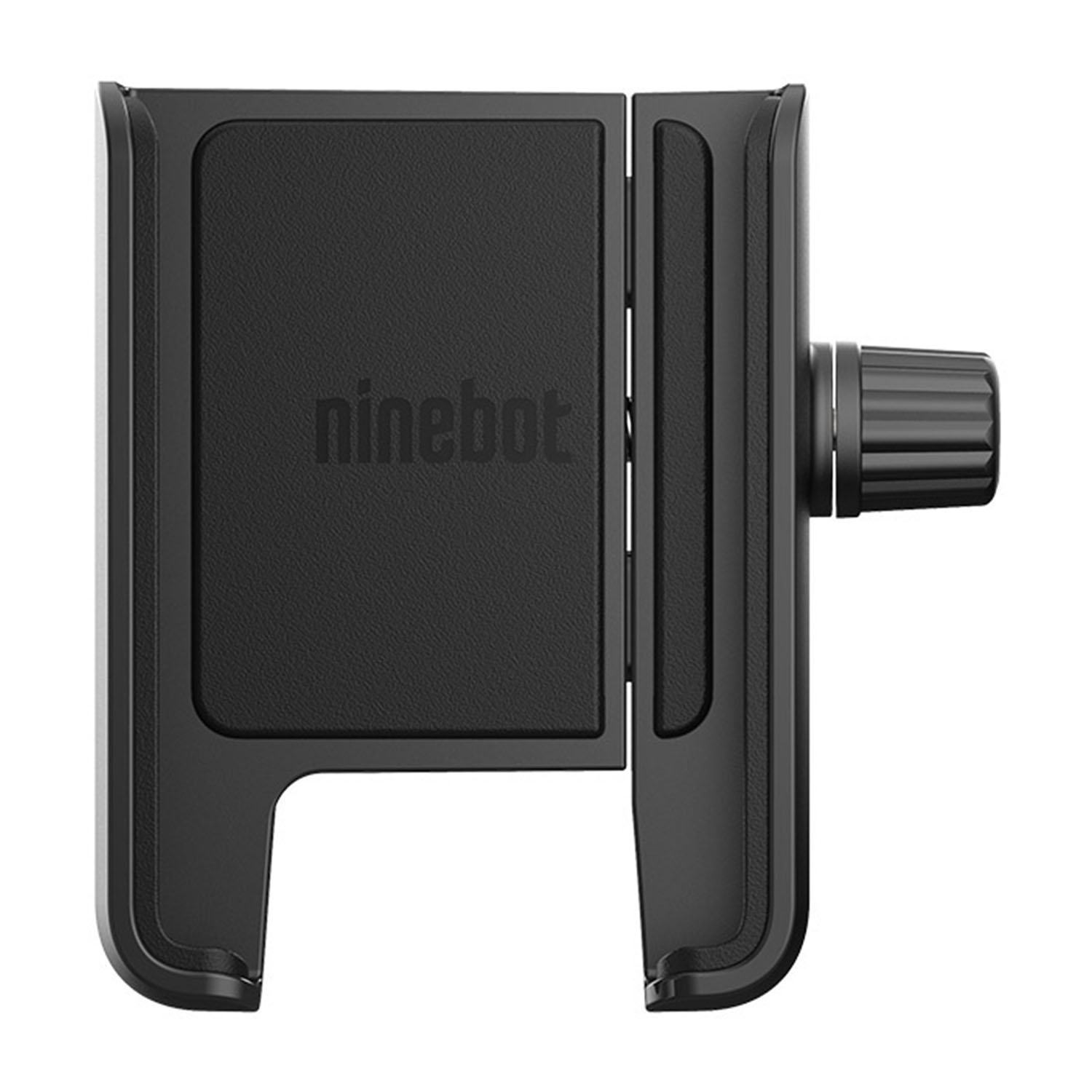 Un supporto nero per telefono con logo "ninebot" e manopola girevole.