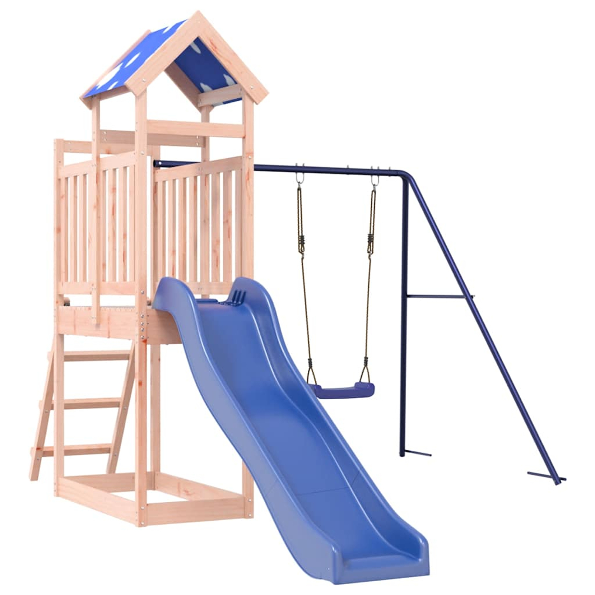 Ein hölzerner Spielturm mit einer blauen Rutsche und Schaukeln.
