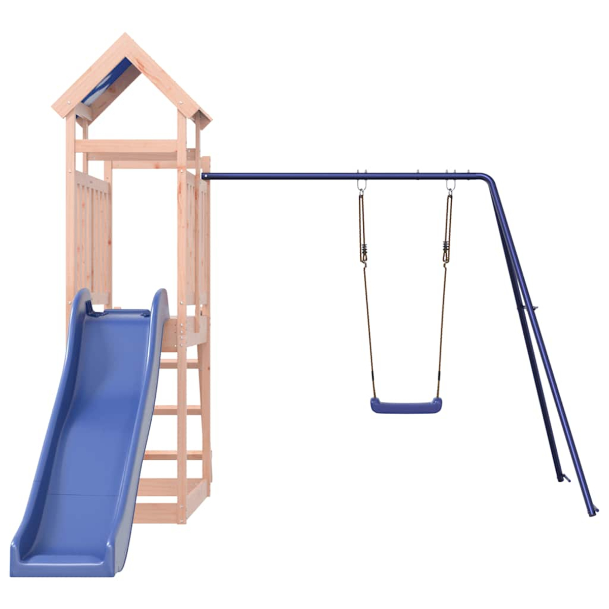 Holzspielturm mit blauer Rutsche und Schaukel auf weißem Hintergrund.