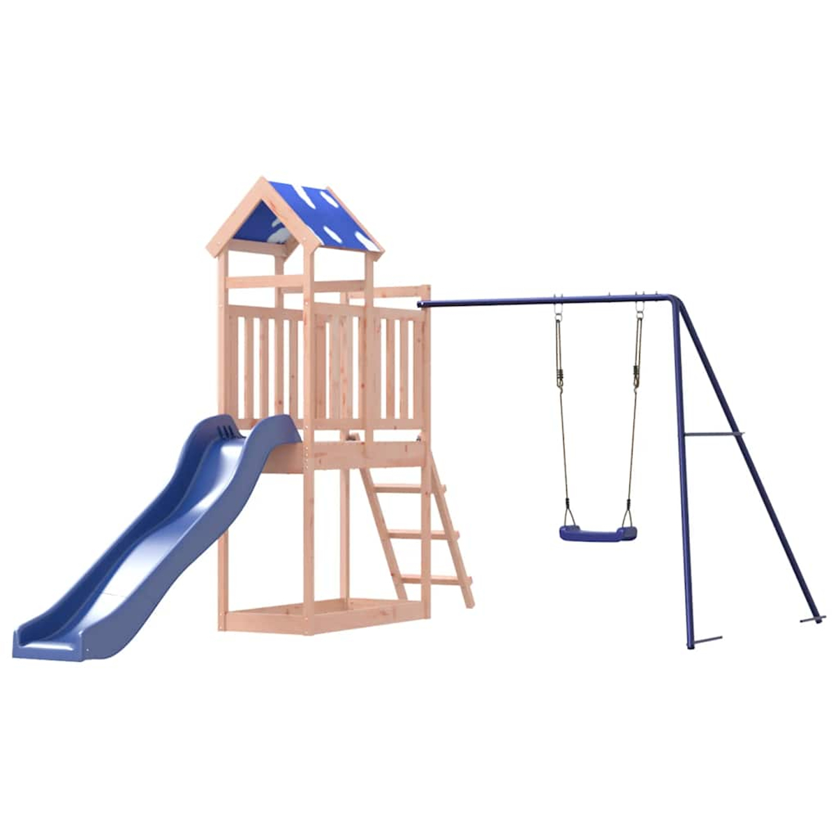 Holzspielplatz mit blauer Rutsche, Leiter und Schaukel.