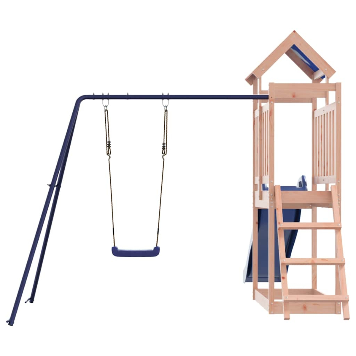 Ein Holzspielturm mit Rutsche und Schaukel auf blauem Metallgestell.
