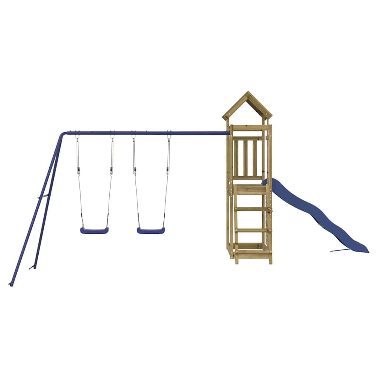 Ein Spielplatz mit Schaukeln und Rutsche. Holz und Metallkonstruktion.