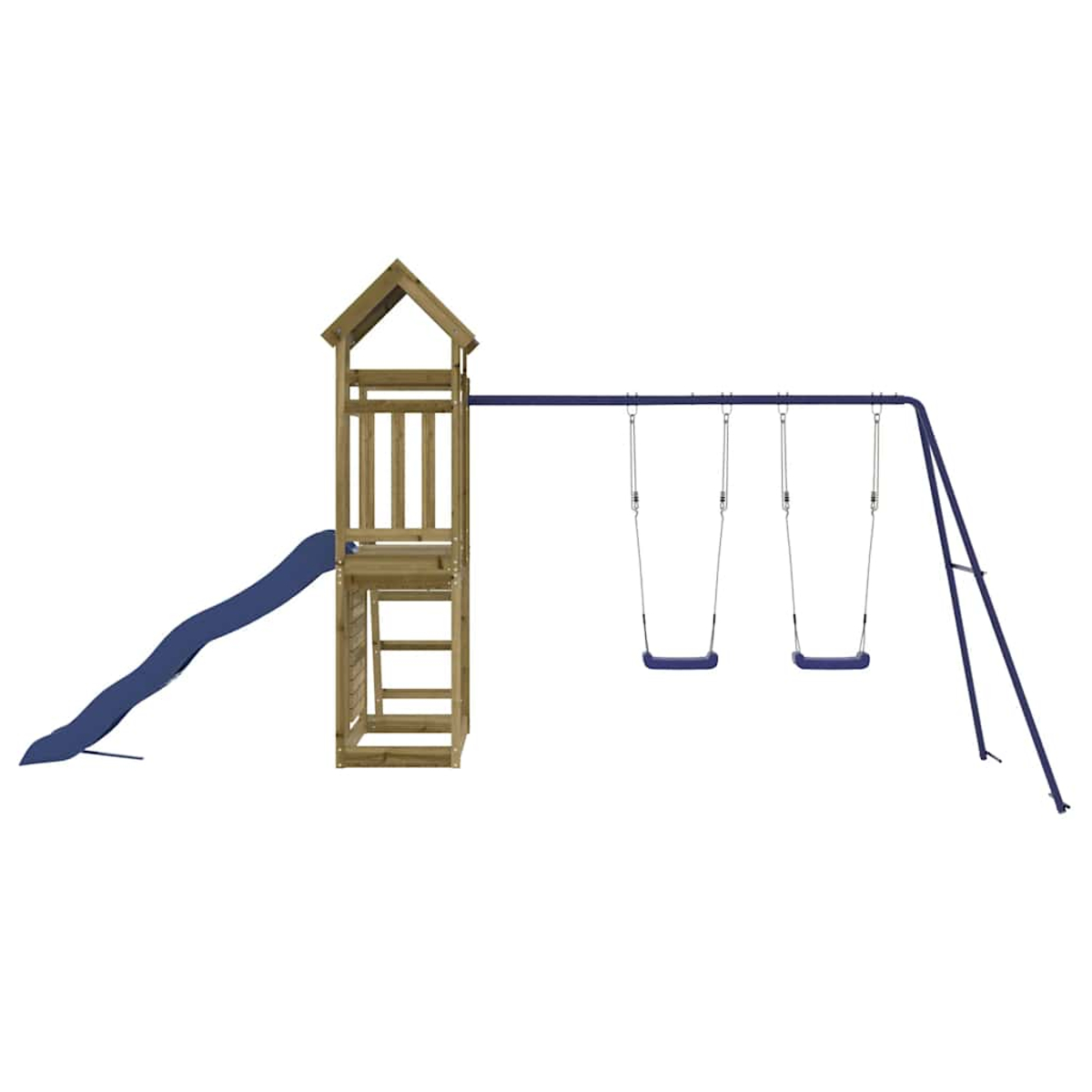 Holzspielturm mit Rutsche und zwei Schaukeln, blaues Dach.