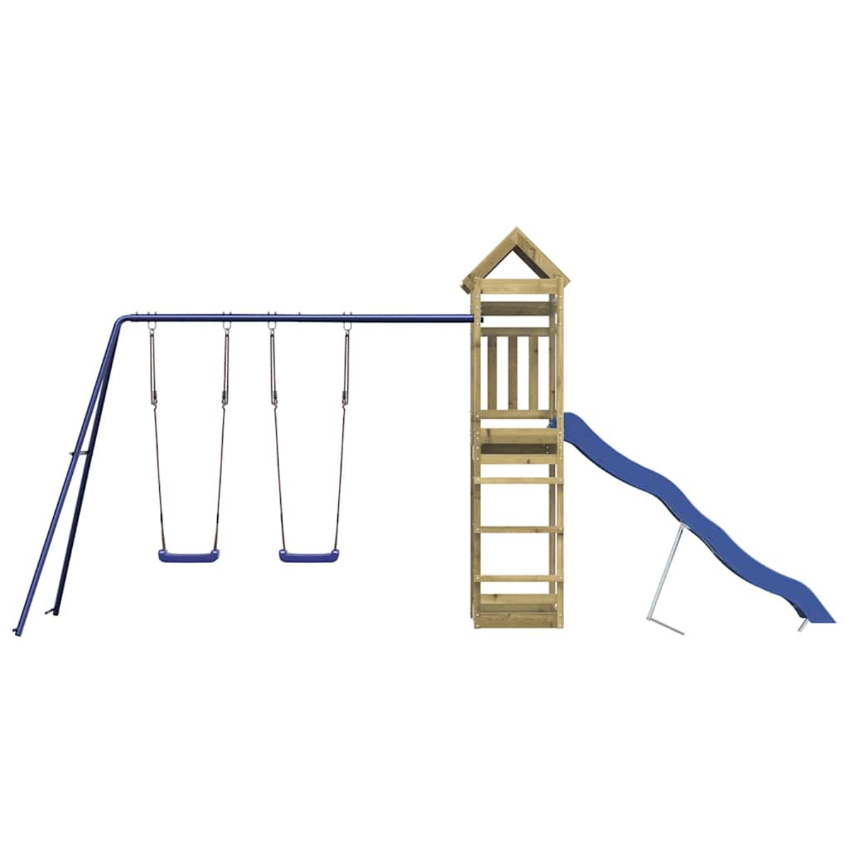 Un gioco da parco giochi con due altalene, uno scivolo e una torre di legno.