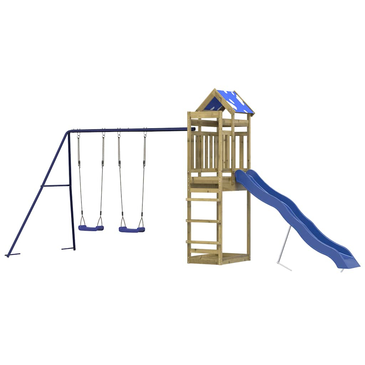 Struttura gioco in legno con scivolo blu e altalene.