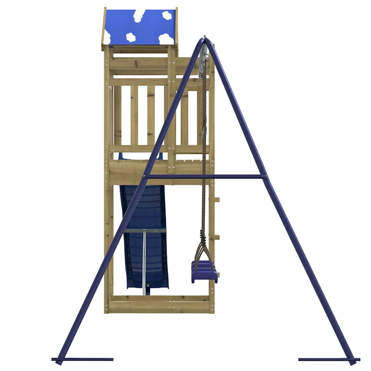 Un playset in legno con scivolo e altalena, tetto blu e nuvole.