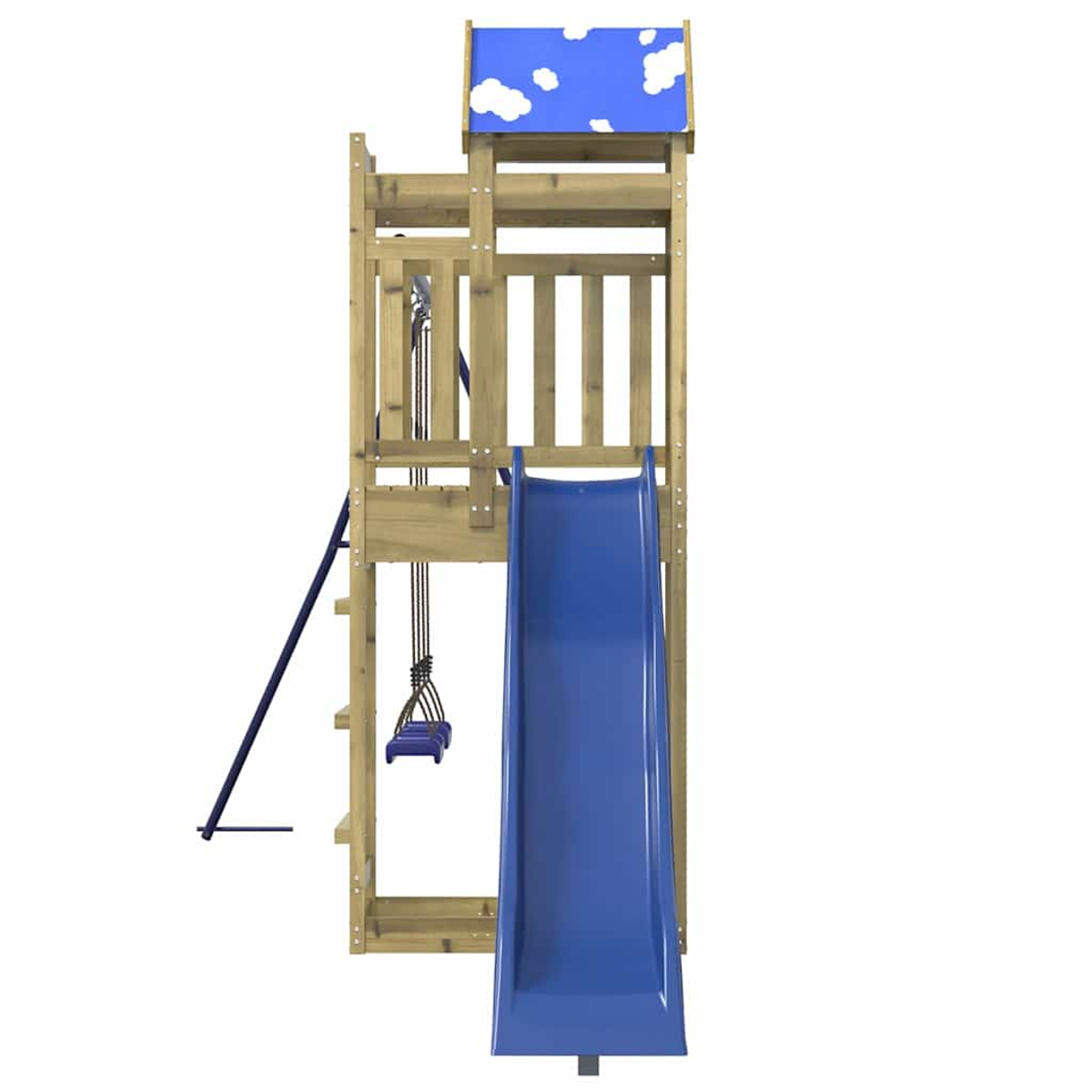 Struttura da gioco in legno con scivolo blu, altalena e tetto a motivo nuvole.