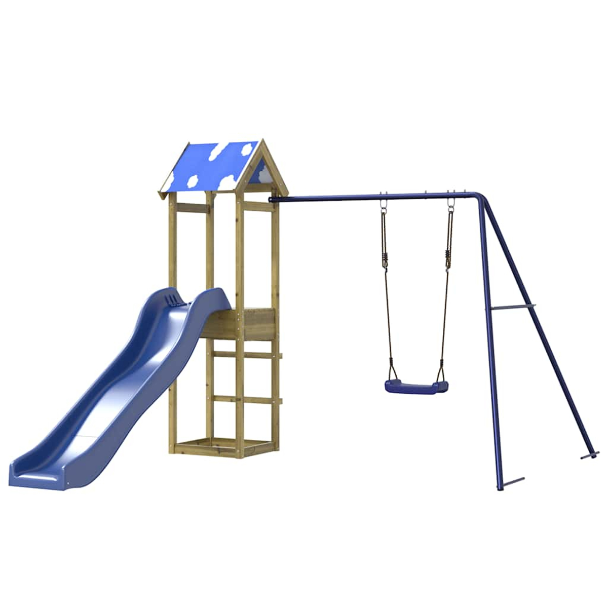 Holzspielturm mit blauer Rutsche, Schaukel und Wolkendach.