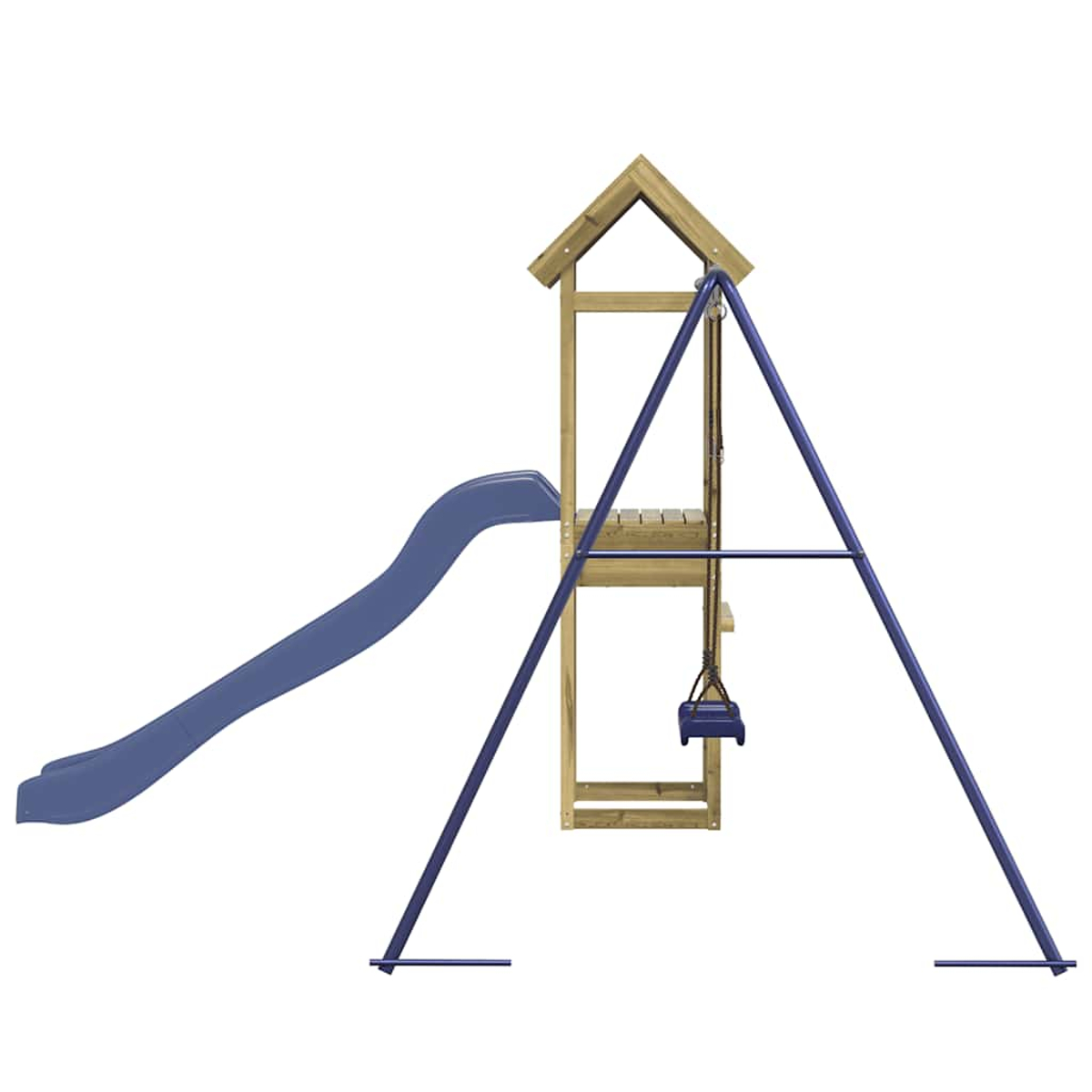 Ein Holzspielturm mit Rutsche und Schaukel.