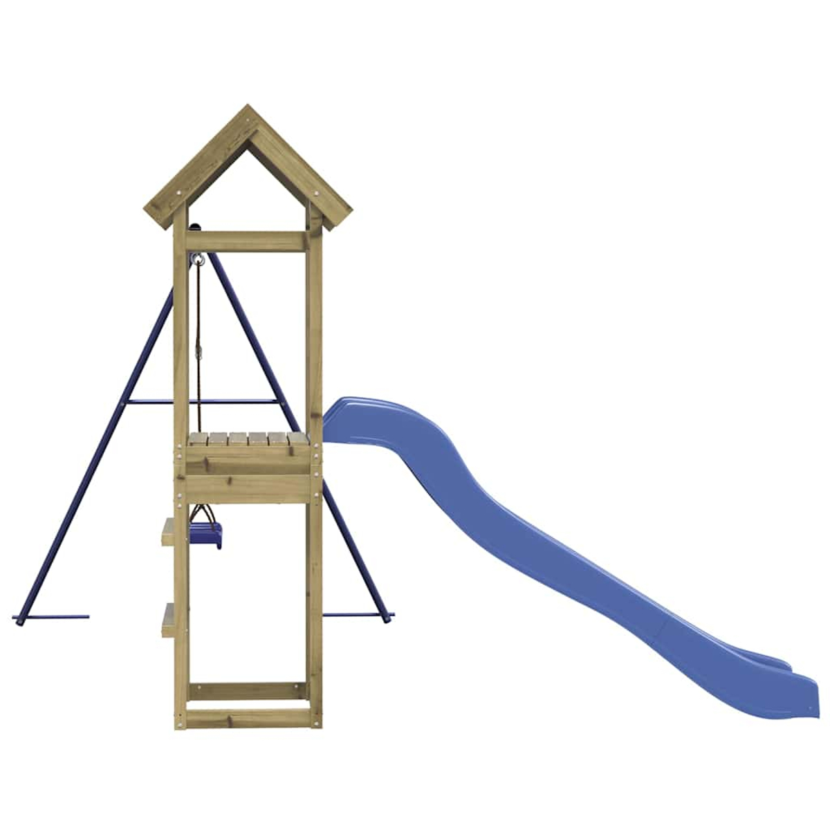 Holzspielturm mit blauer Rutsche und Schaukel.