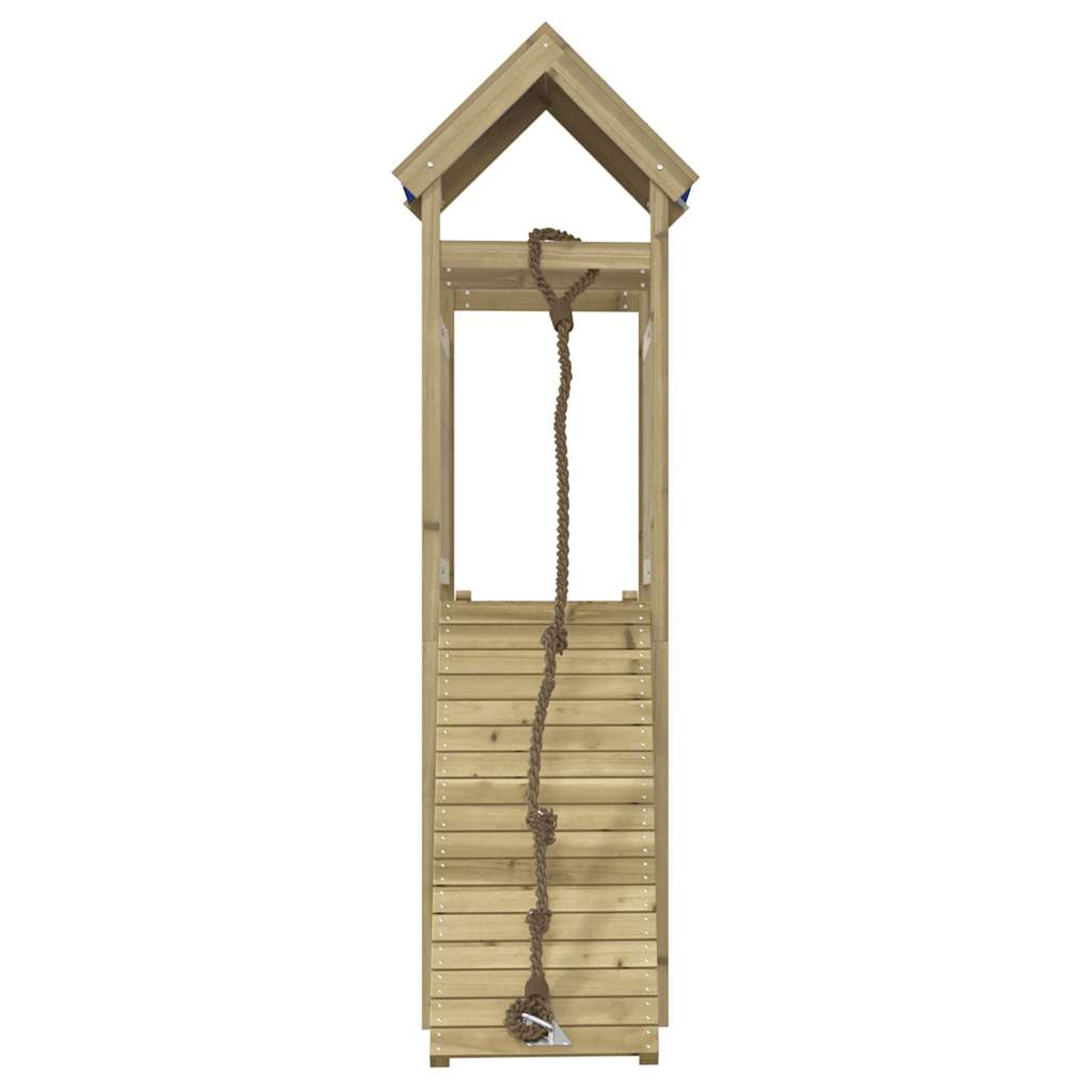 Torre gioco in legno con corda e tetto.