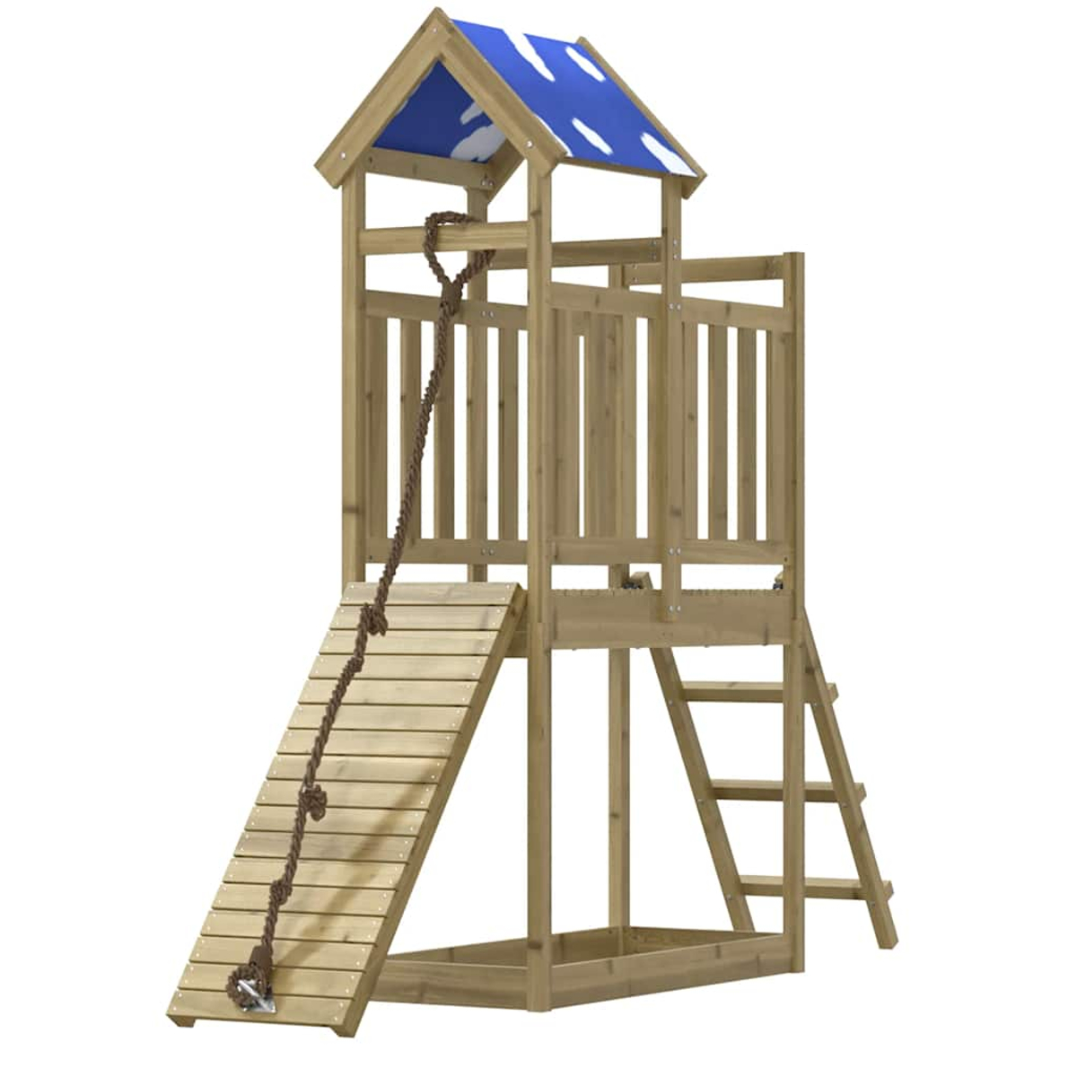 Torre giochi in legno con scivolo, corda per arrampicarsi e scala.