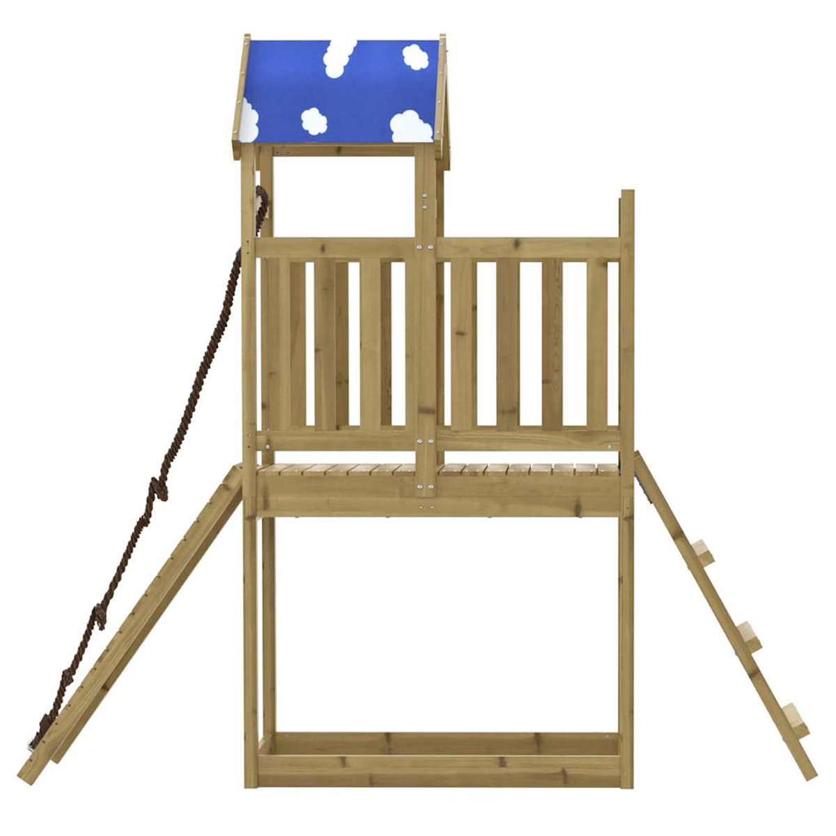 Casa giochi in legno con tetto blu, corda e scala in legno.