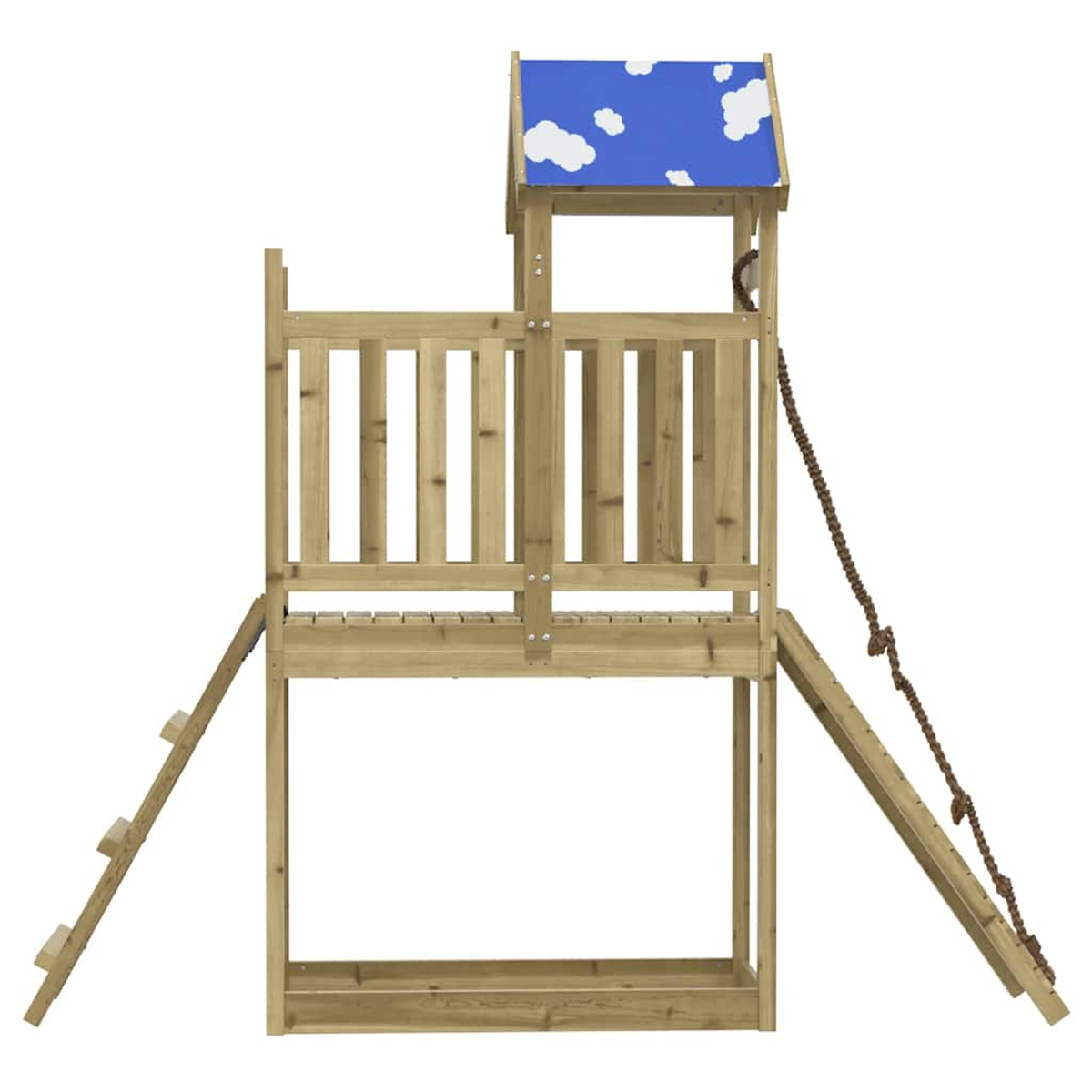 Casetta in legno con tetto blu, nuvole, scala e corda.