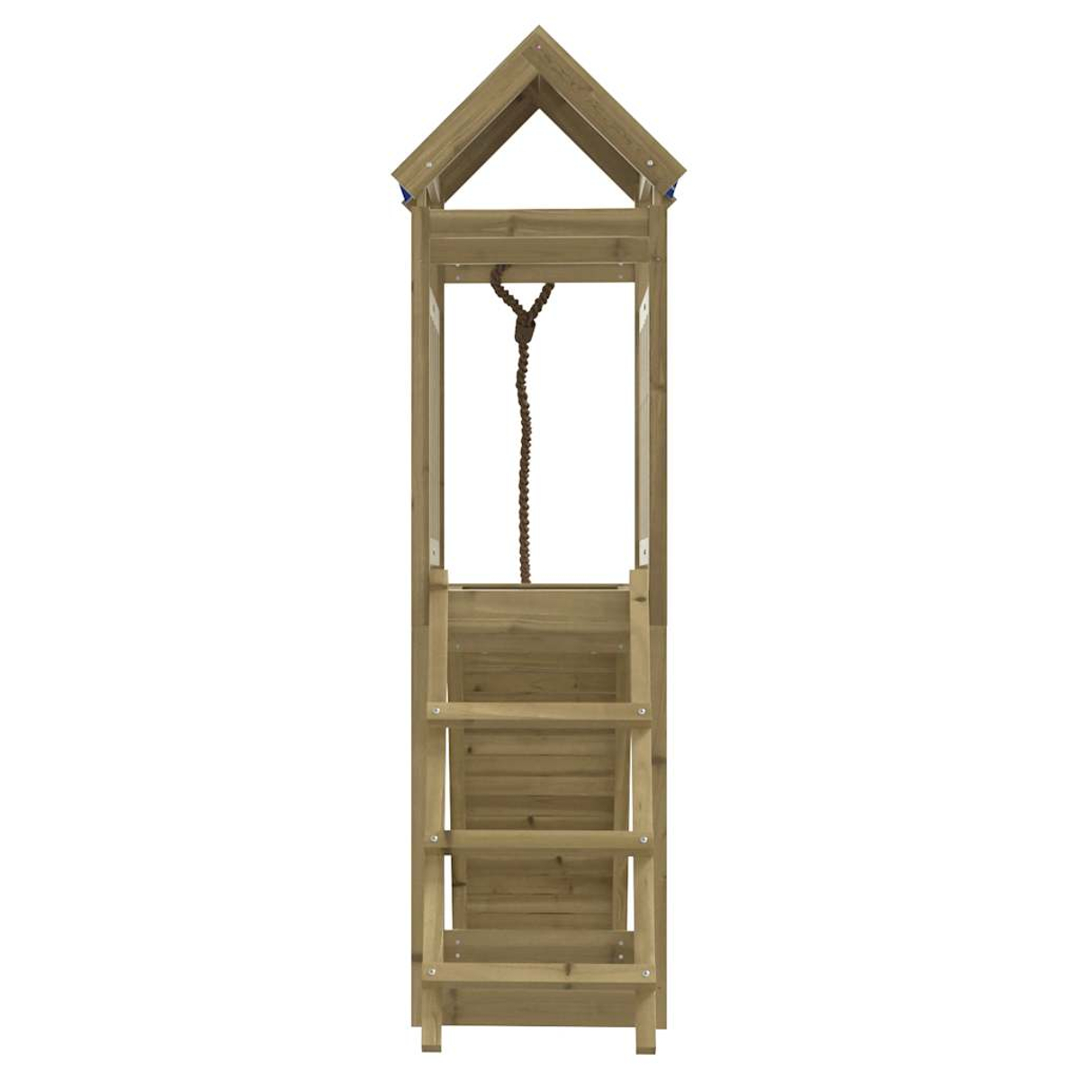 Torre gioco in legno con scala e corda su sfondo bianco.