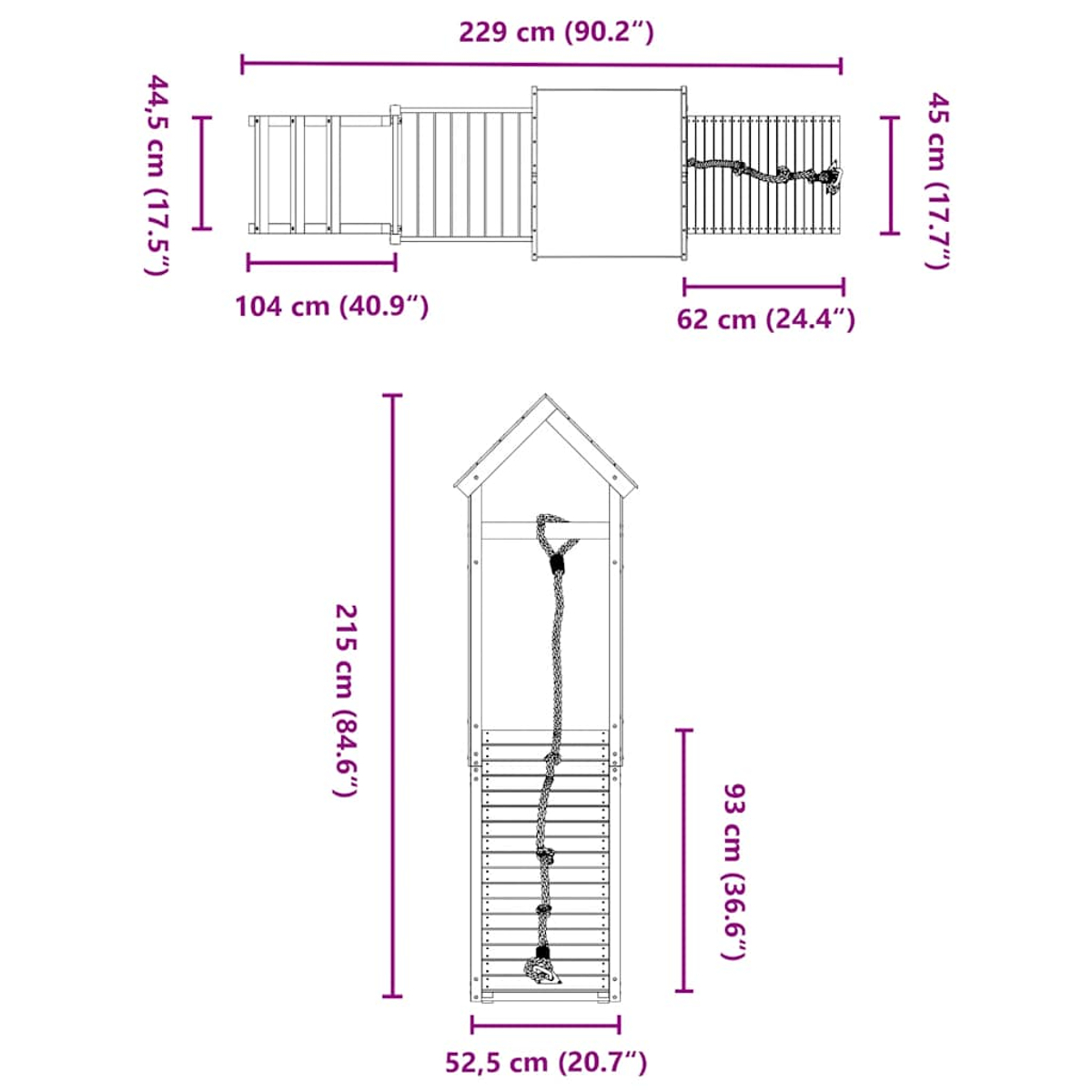 Diagramma di una struttura gioco con dimensioni. Sopra: struttura con scivolo e corda. Sotto: scala.