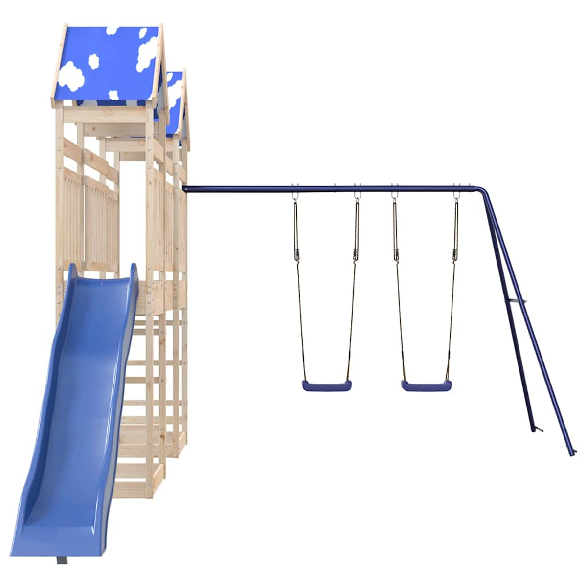 Holz-Spielturm mit blauer Rutsche, zwei Schaukeln und Wolkendach.