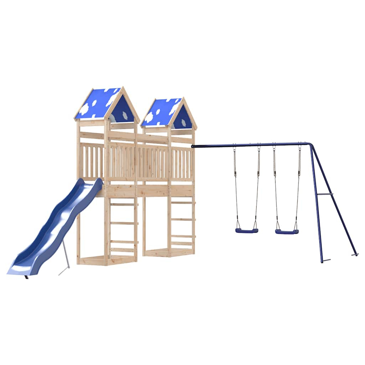 Holzspielturm mit blauer Rutsche, zwei Dächern und Doppelschaukel.