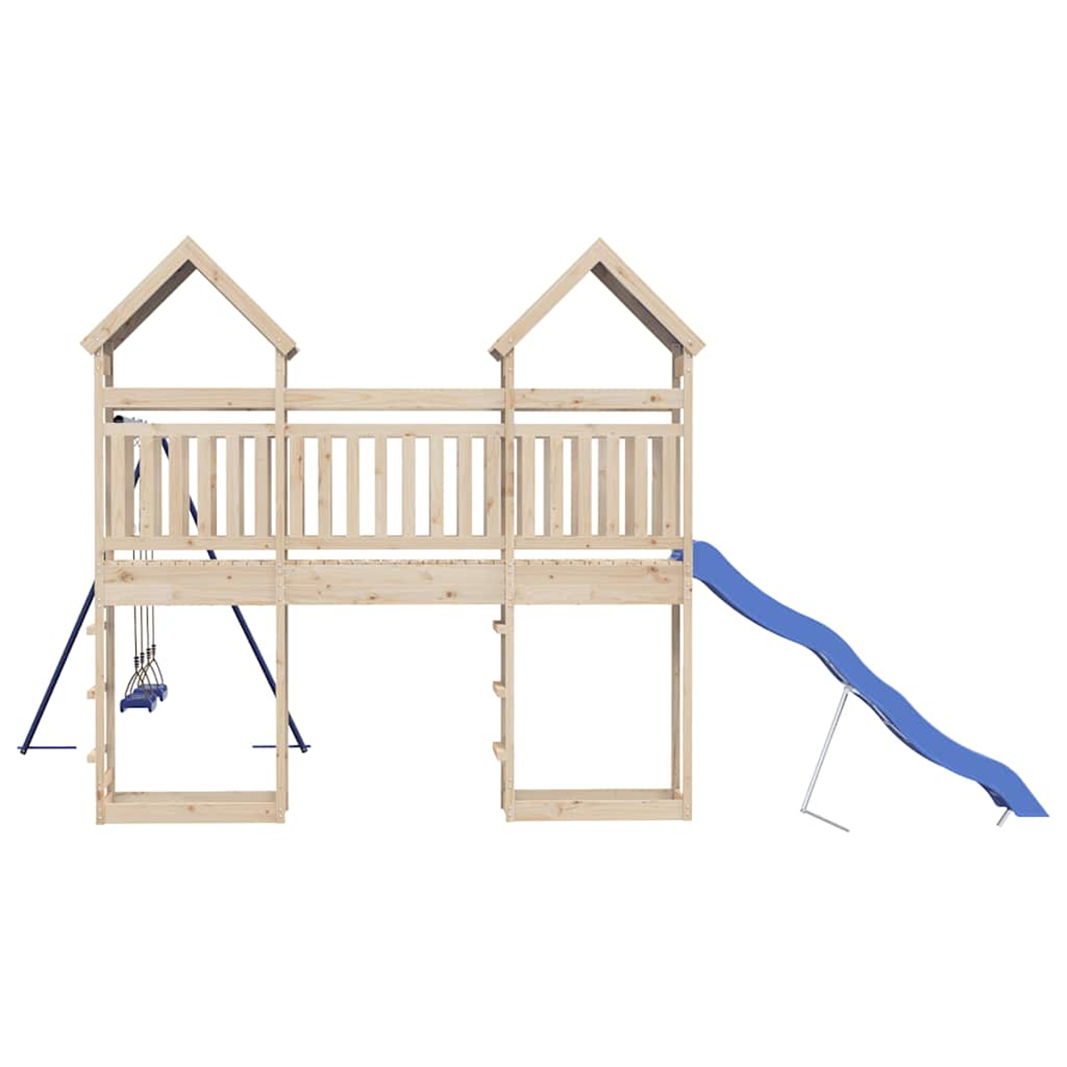 Holzspielturm mit blauer Rutsche und Schaukel, wei&szlig;er Hintergrund.